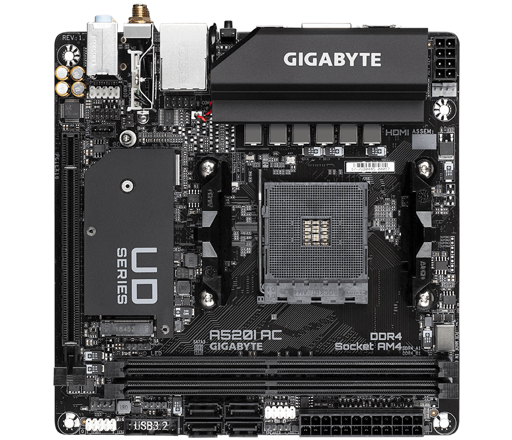 GIGABYTE A520I AC Mini-ITX Motherboard with WiFi, AMD Ryzen Ready - Perfect for Compact Gaming PCs & Home Theater Setups
