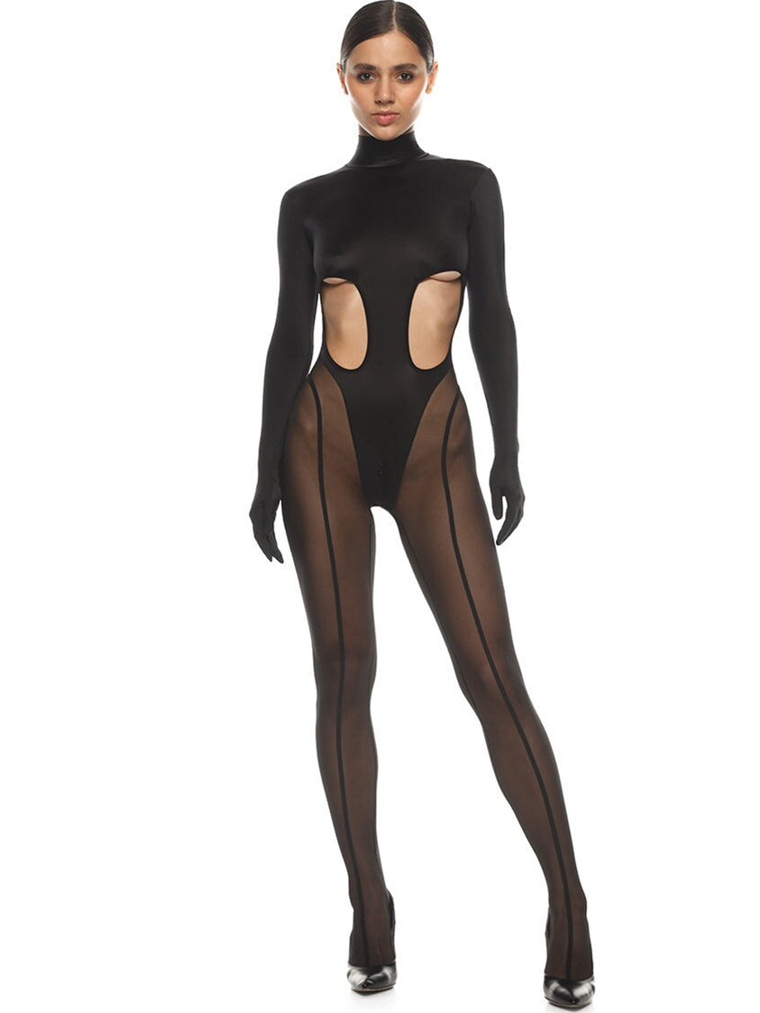ZASUWA Women's Sexy Cutout Mesh Zipper Bodysuit Jumpsuit - Clubwear, Night Out, Party Outfit, Halloween Costume