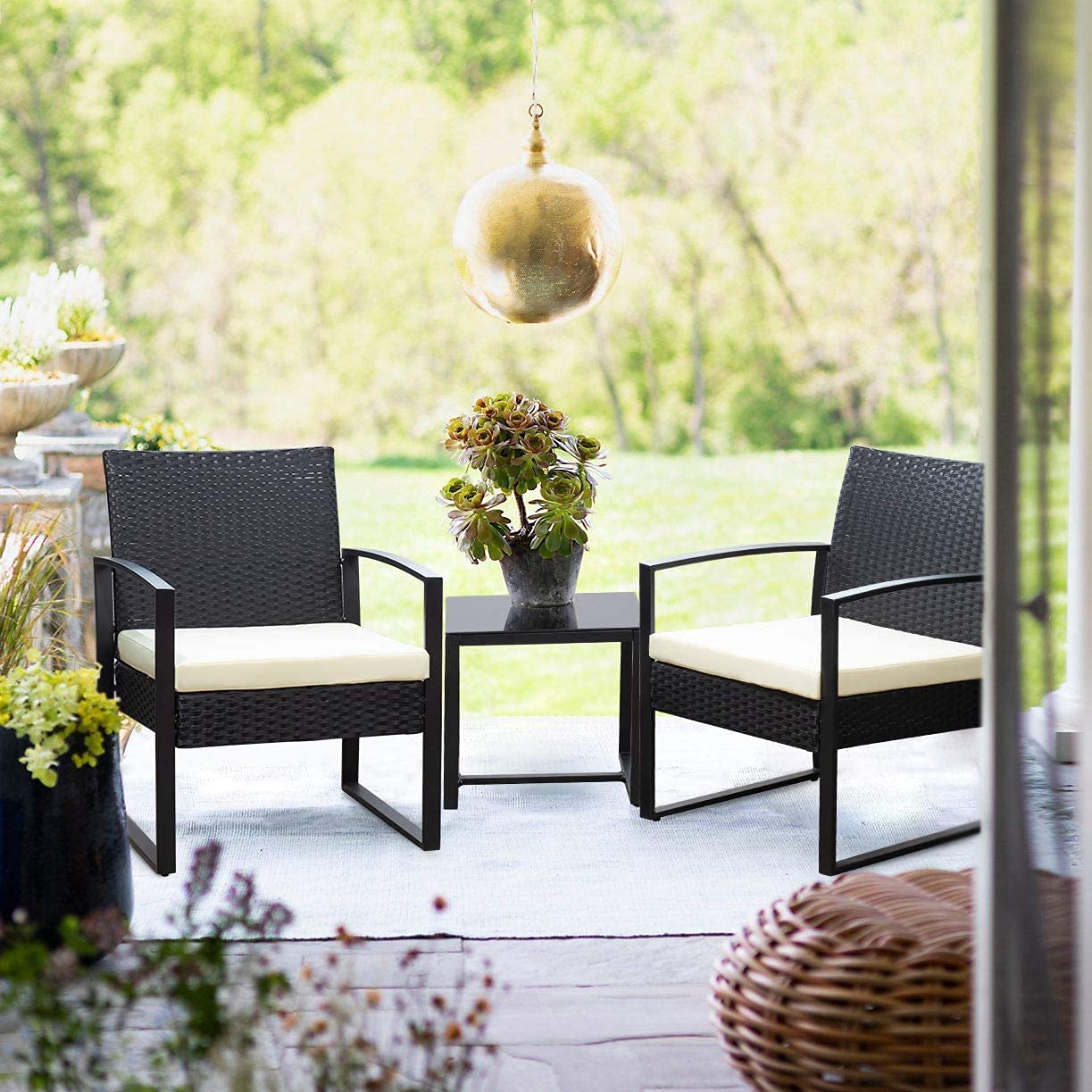 3-Piece Modern Bistro Set - All-Weather Rattan Patio Conversation Set with Coffee Table for Porch, Balcony, Backyard & Garden Outdoor Furniture (Black & White) - Perfect for Relaxing, Entertaining & Small Space Decor