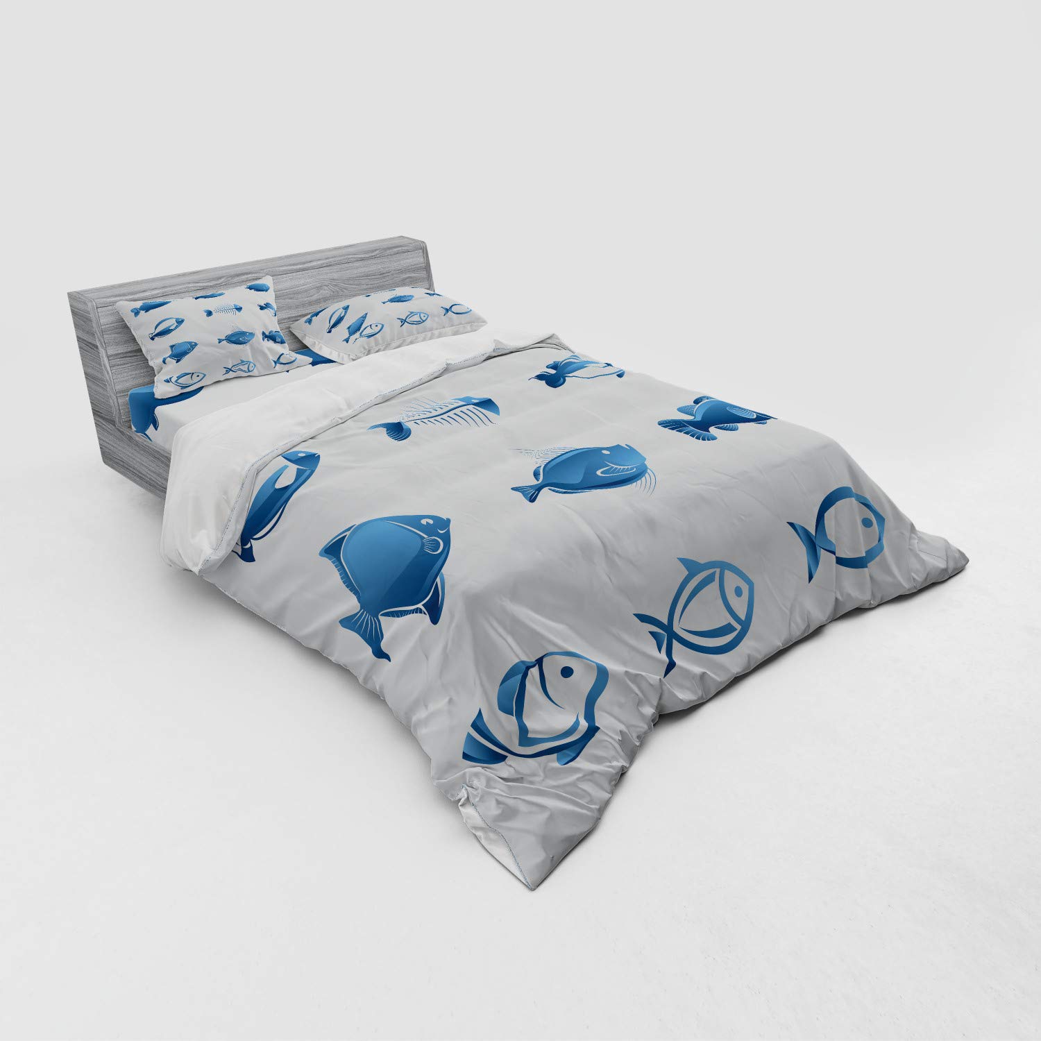 Ambesonne Queen Size 4-Piece Fish Bedding Set - Blue & White Marine Life Duvet Cover with Shams & Fitted Sheet | Ocean Themed Bedroom Decor for Beach House, Kids Room or Underwater Theme Nursery