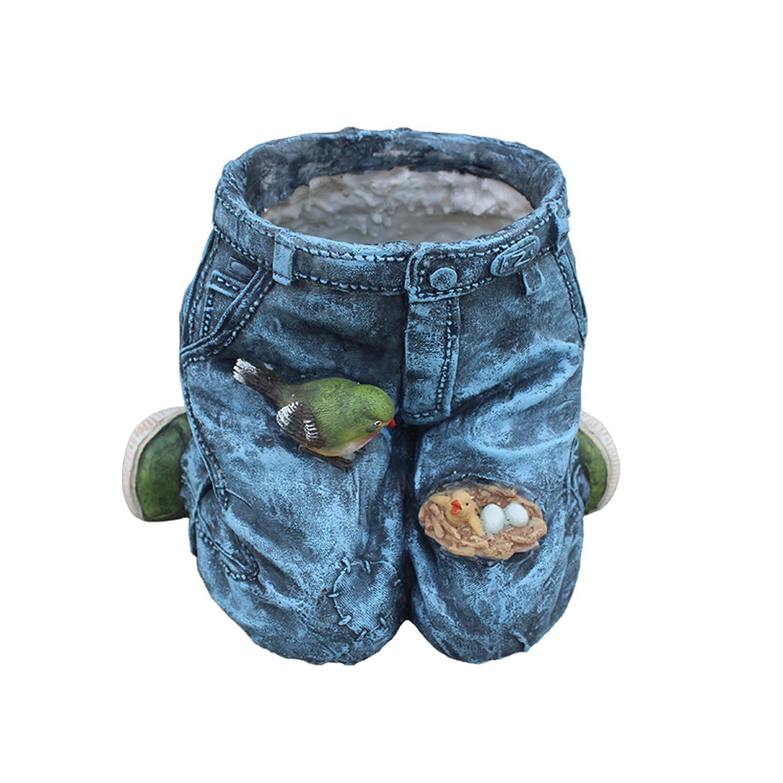 Vintage Denim Pants Flower Pot - Upcycled Decorative Plant Holder with Bird Nest Decor for Garden, Yard & Patio | Unique Home & Outdoor Décor Idea