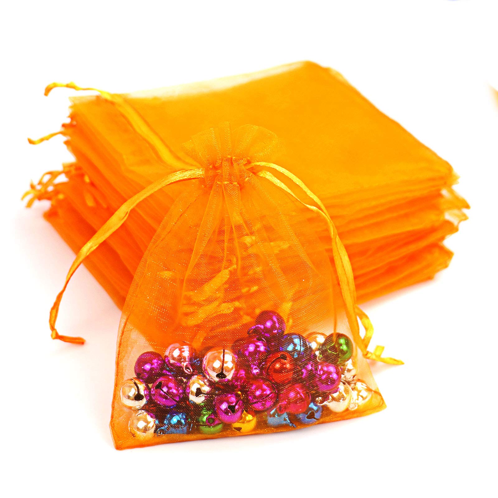 100Pcs 3x4 Inch Orange Organza Gift Bags with Drawstring - Small Mesh Bags for Christmas Favors, Wedding Party Favors, Jewelry Packaging & DIY Crafts