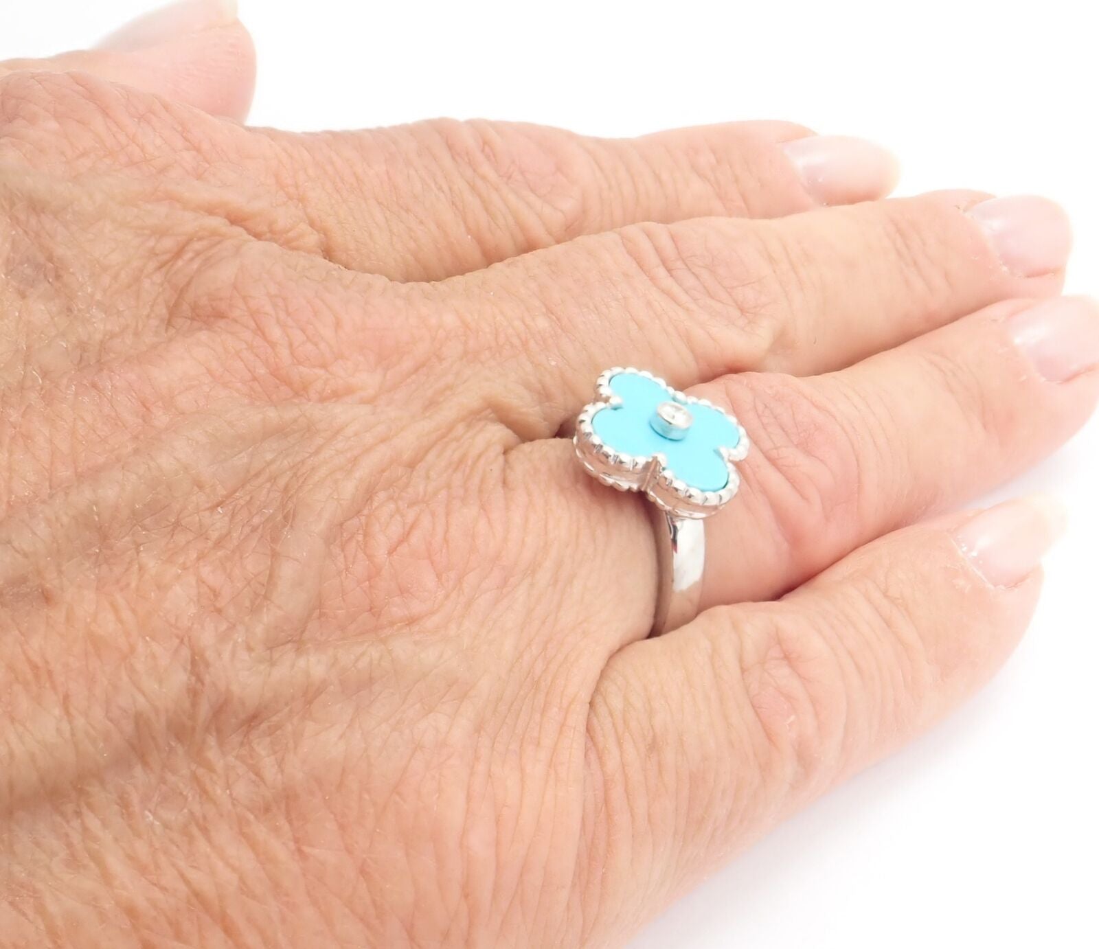 Authentic Van Cleef & Arpels Alhambra 18k White Gold Diamond Turquoise Ring - Luxury Jewelry for Weddings, Anniversaries & Special Occasions