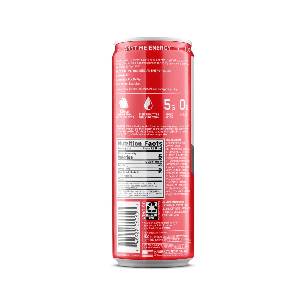 Optimum Nutrition Amino Energy Sparkling Hydration Drink with Electrolytes, Caffeine & BCAAs - Sugar Free Juicy Strawberry Flavor, 12 Fl Oz (12 Pack) - Perfect for Workouts, Recovery & On-the-Go Hydration