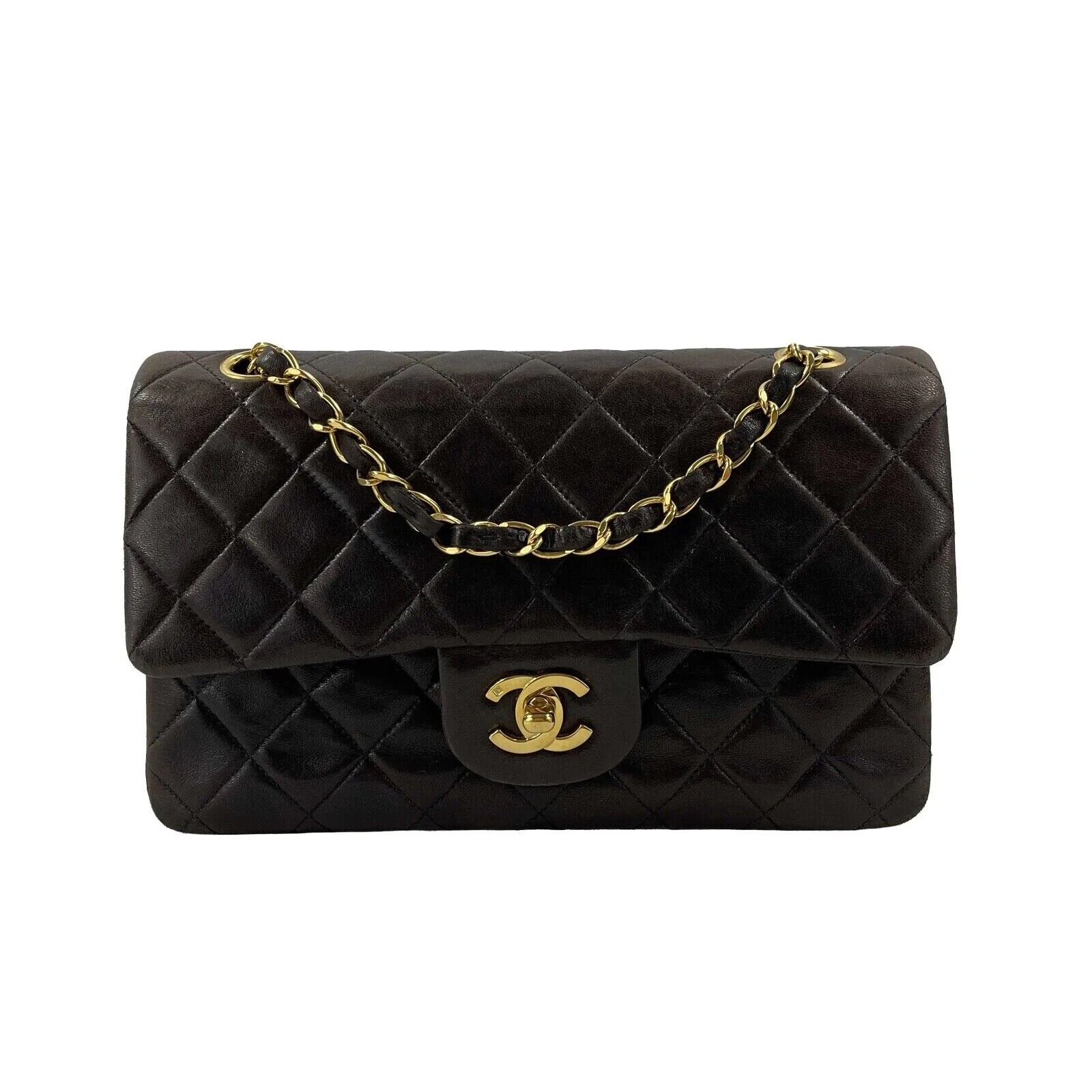 Vintage CHANEL 1990s Small Brown & Black Classic Double Flap Shoulder Bag - Authentic Luxury Handbag for Women, Perfect for Parties, Date Nights & Special Occasions