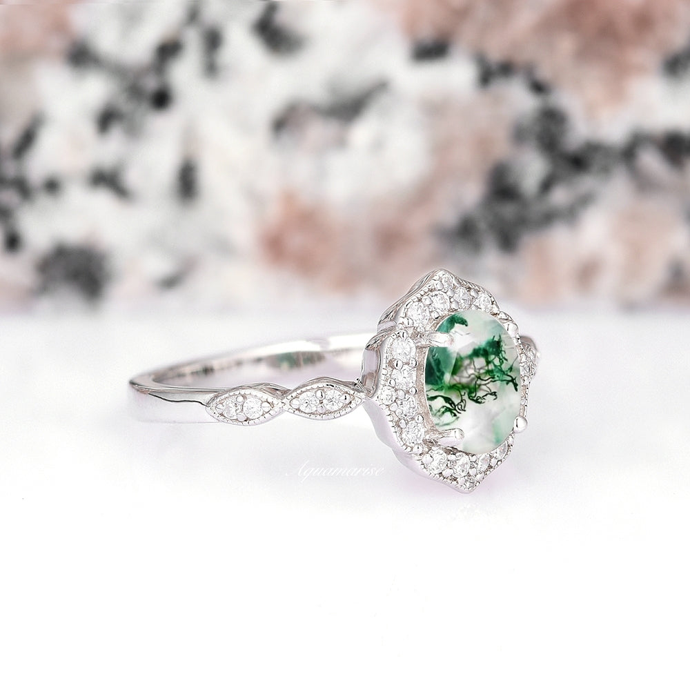 14K White Gold Moss Agate Ring for Women - Elegant Nature-Inspired Jewelry Gift for Birthdays, Anniversaries & Special Occasions