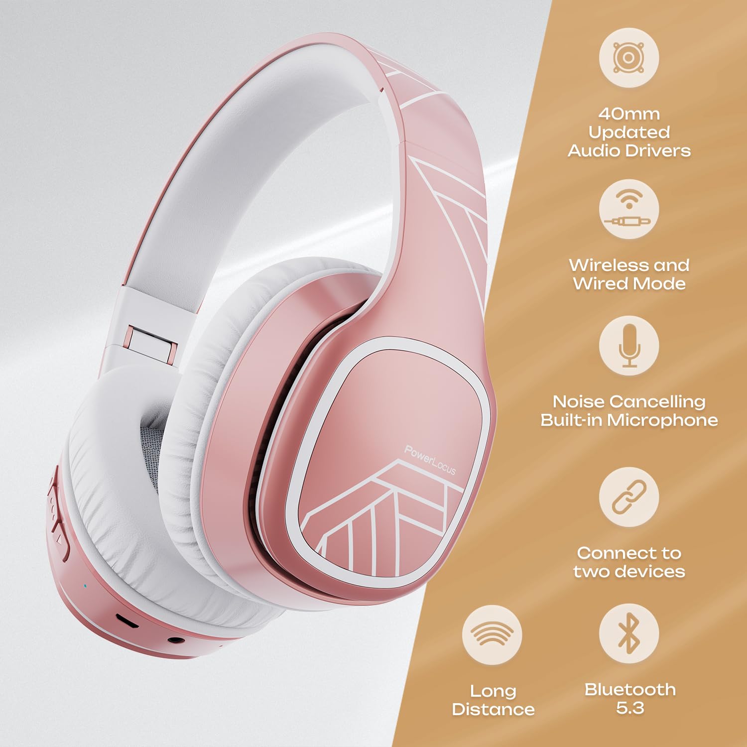 PowerLocus Bluetooth Headphones Over Ear - Wireless Headset with Built-in Mic, 50H Playtime, Foldable Design & Deep Bass Hi-Fi Stereo Sound for Travel, Workouts, Gaming, PC, iPhone, Android Phones - Perfect for Commuting, Office Use & Home Entertainment