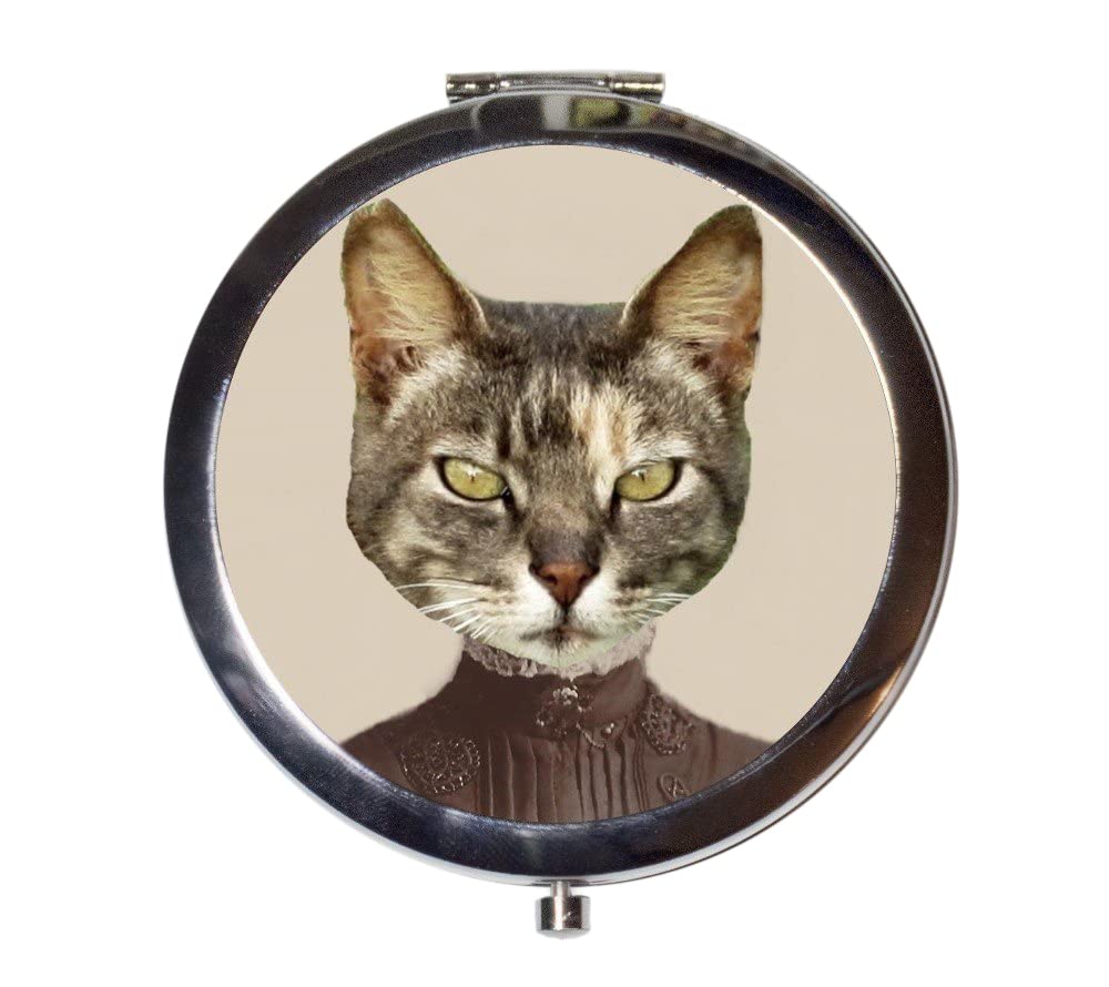 Victorian Style Cat Lady Compact Mirror - Vintage Anthropomorphic Animal Art Pocket Makeup Mirror for Women, Perfect for Cosmetics, Travel & Handbag Essentials