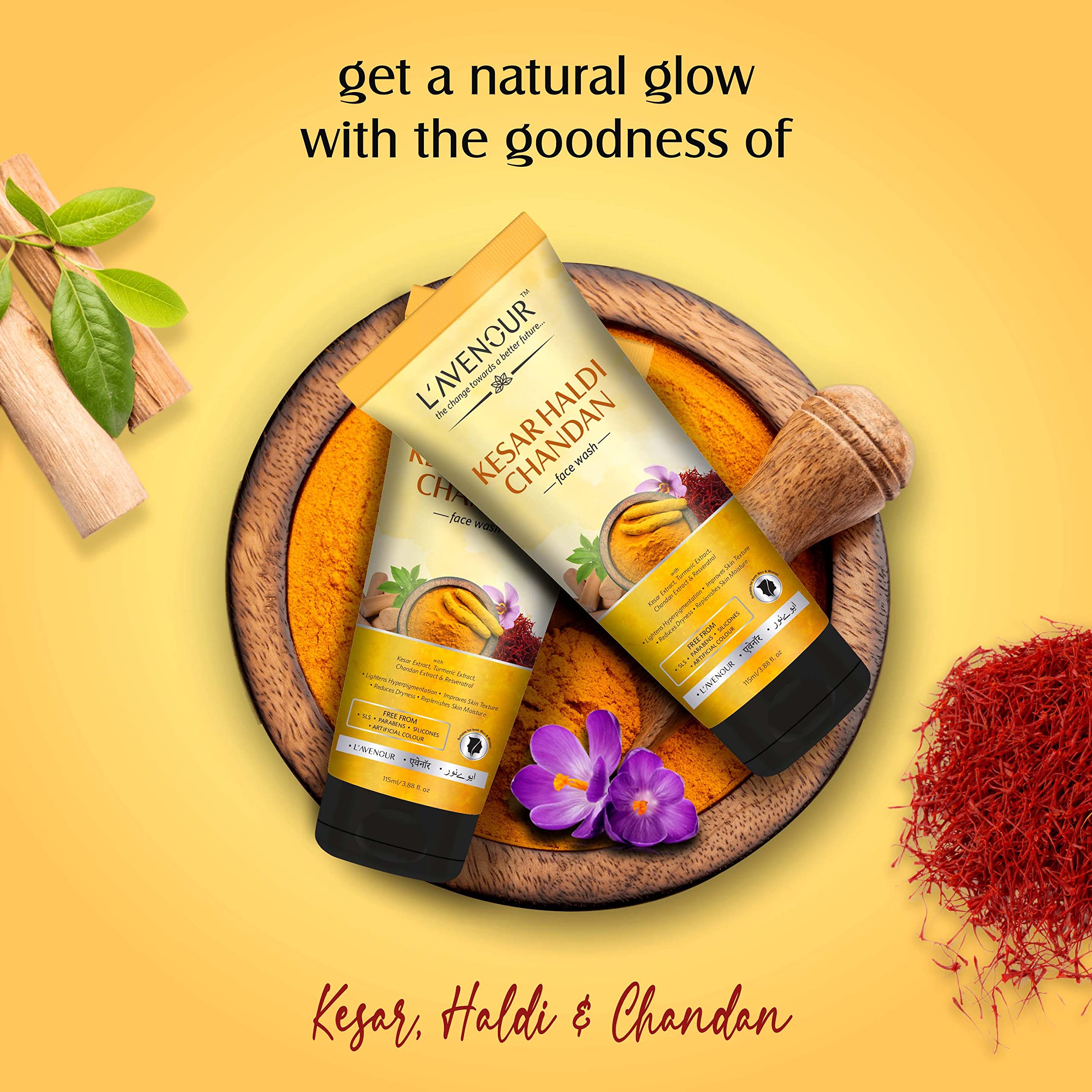 L'avenour Kesar Haldi Chandan Natural Ubtan Face Wash for Men & Women - Brightens Skin, Reduces Hyperpigmentation & Dryness | 115ml (3 Pack) | Perfect for Daily Skincare Routine & Glowing Complexion