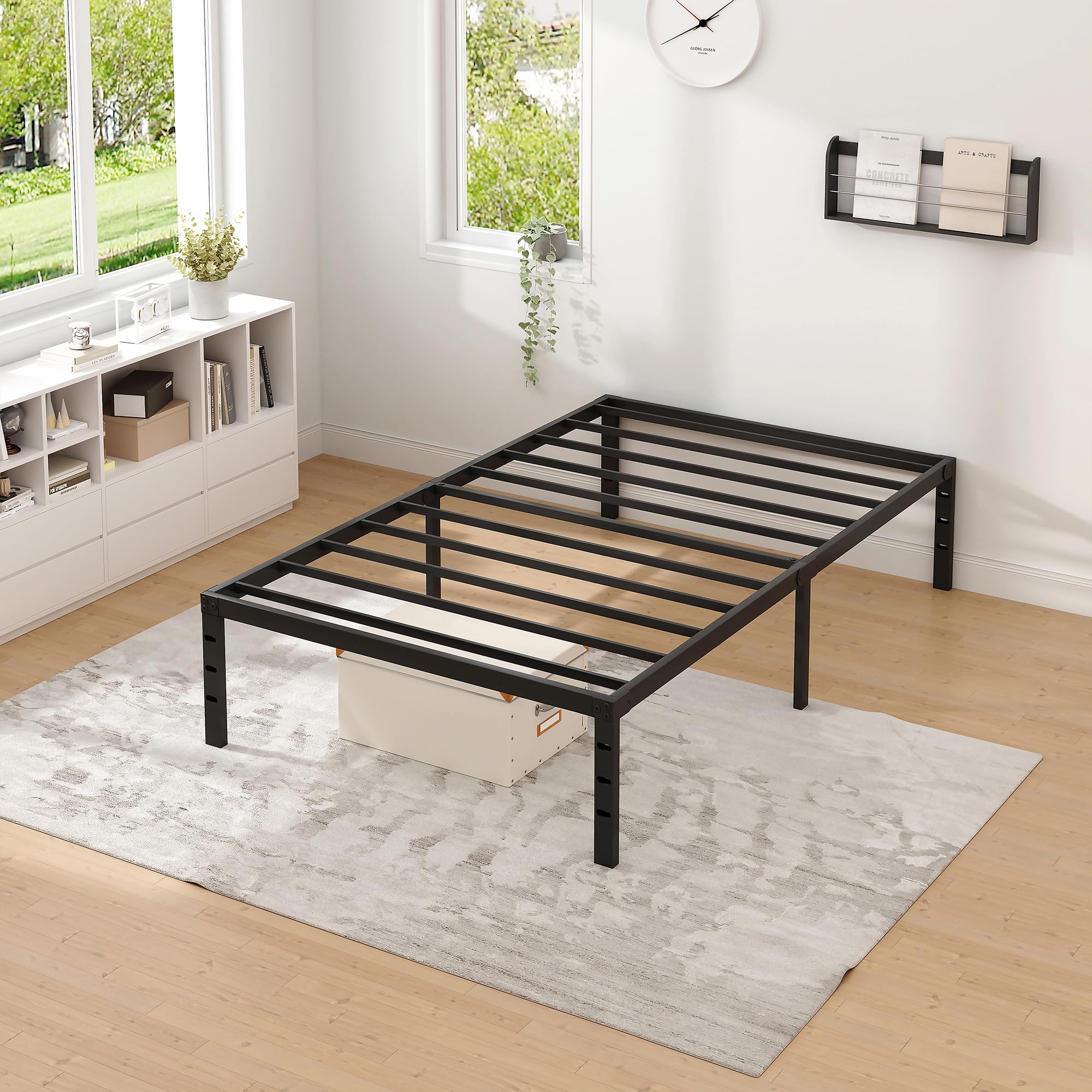 Metal Twin Size Bed Frame with Storage Space - Heavy Duty Sturdy Mattress Foundation, Easy Assembly No Box Spring Needed - 14 Inch Black Bed Frame for Small Spaces & Guest Rooms