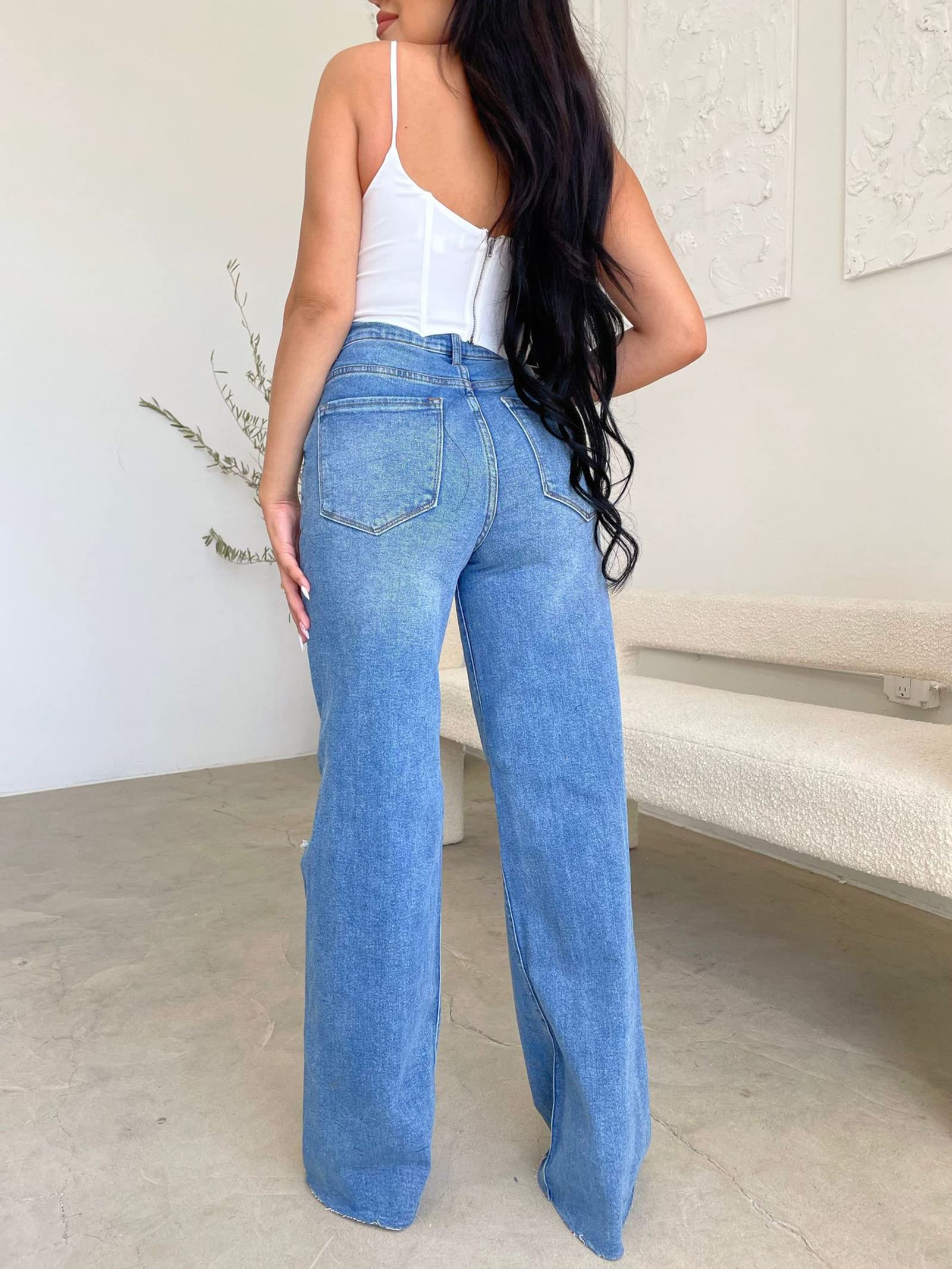 Women's Ripped High Waisted Baggy Jeans - Distressed Straight Leg Denim Pants for Casual Outfits & Streetwear Fashion | Perfect for Everyday Wear, Parties and Trendy Looks