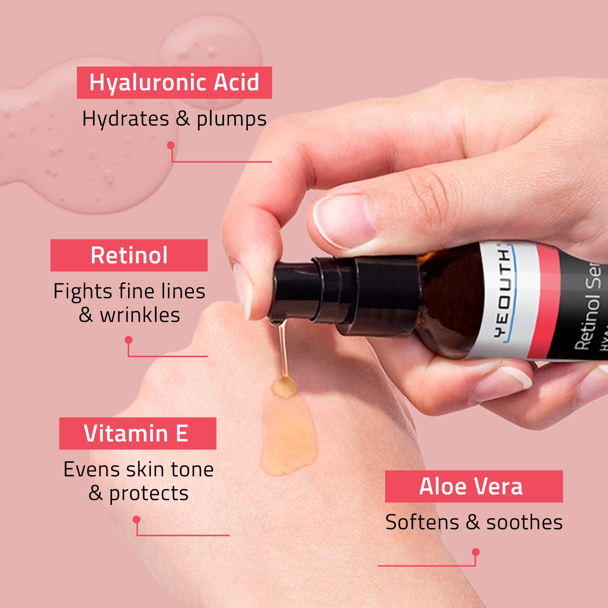YEOUTH Retinol Serum with Hyaluronic Acid - Anti-Aging Face Serum for Wrinkles, Dark Spots & Acne - Hydrating Skin Care for Men & Women - Perfect for Night Routine & Daily Moisturizing