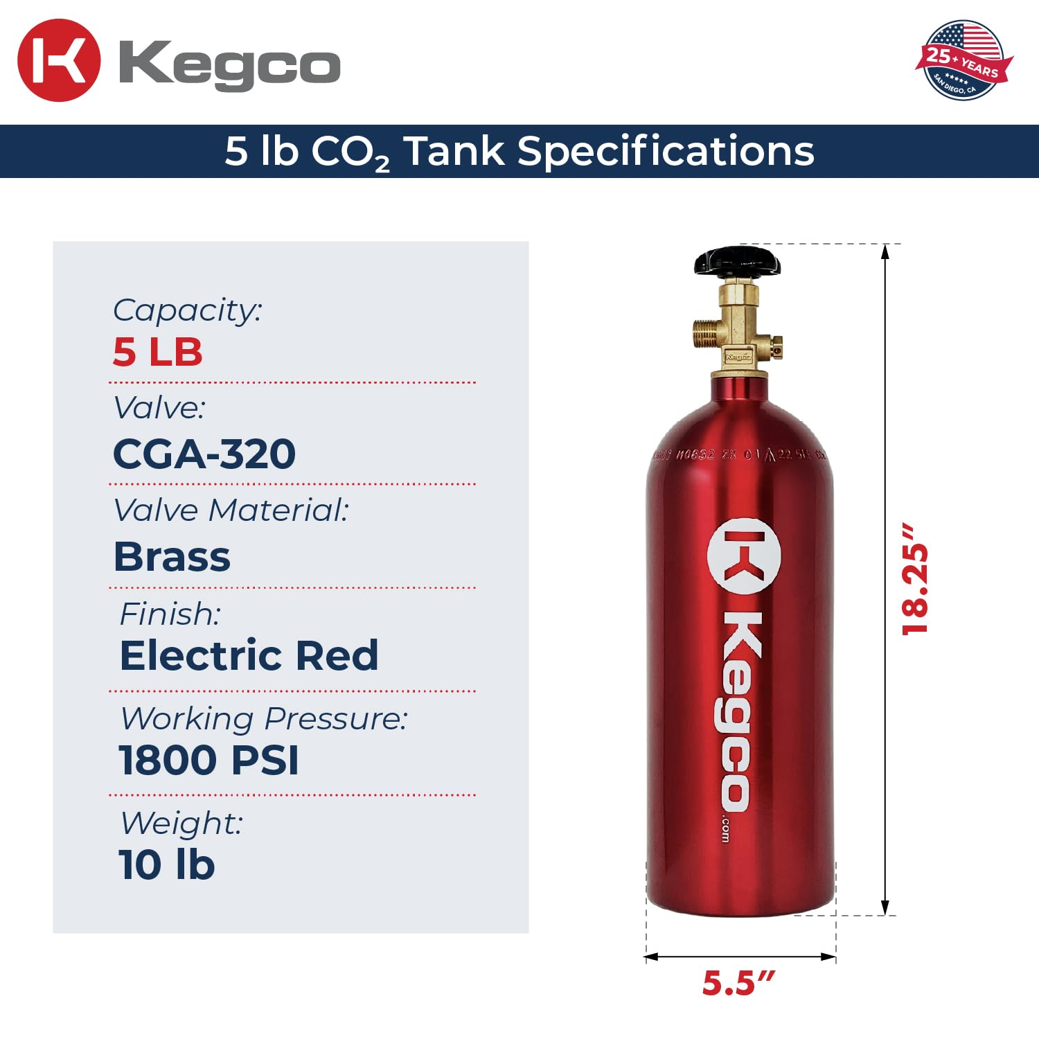 Kegco 3PB5-RED 5 lb Aluminum CO2 Tank with Electric Red Epoxy Finish - Home Brewing, Soda Dispensing & Draft Beer System Accessory