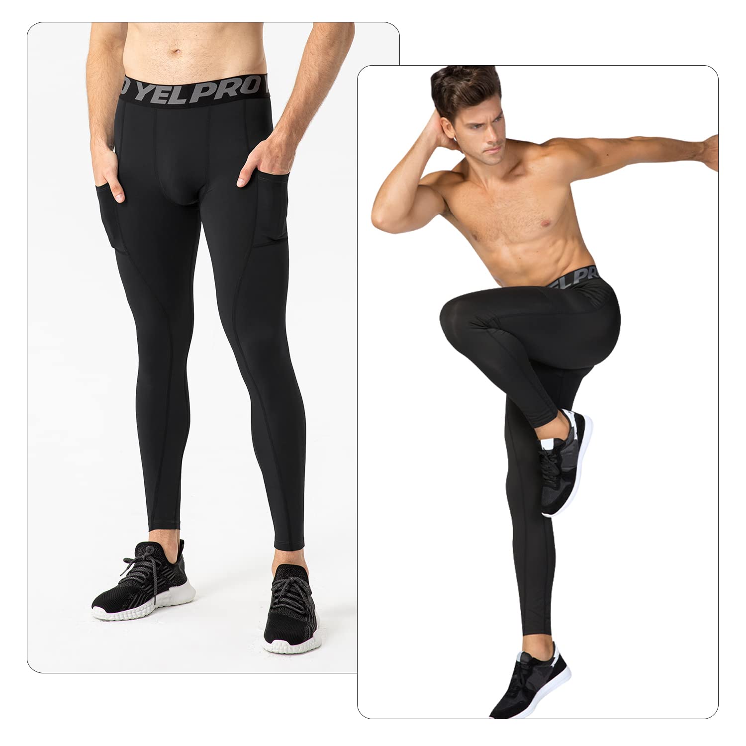 Men's Compression Pants with Pockets - Gym Running Workout Leggings for Yoga & Sports (Black, L)
