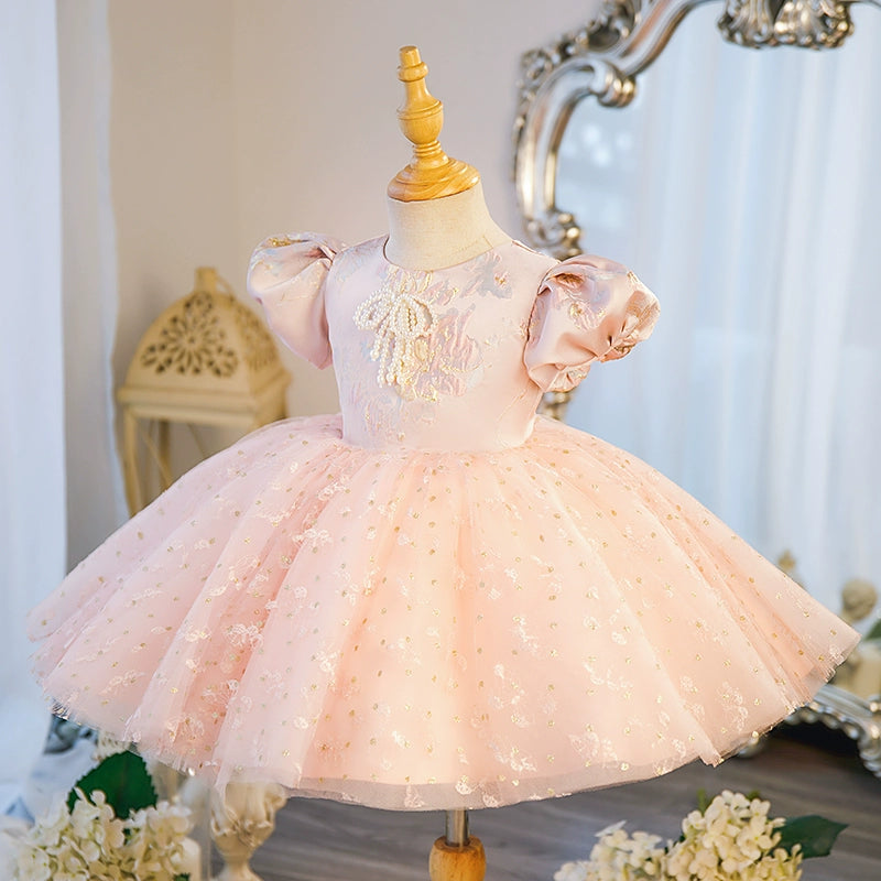 Pink Princess Round Tea Length Satin Flower Girl Dress for Weddings, Birthday Parties & Special Occasions