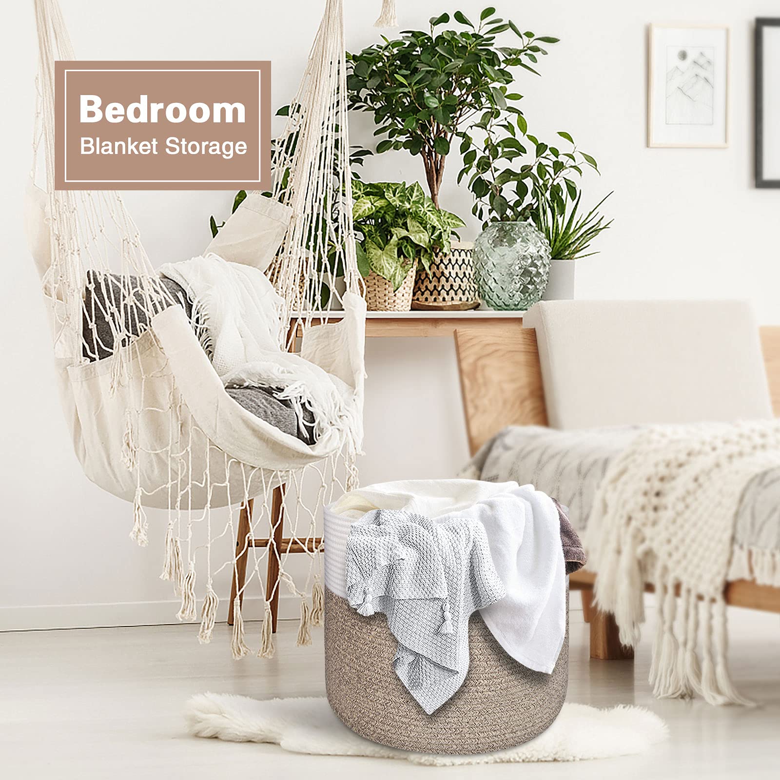 MicroIdeas 2-Pack Large Woven Storage Baskets 15.8x13.8 Inch - Cotton Rope Round Wicker Bins for Blankets, Toys, Laundry & Home Decor | Perfect for Nursery, Living Room & Bedroom Organization (White & Brown)