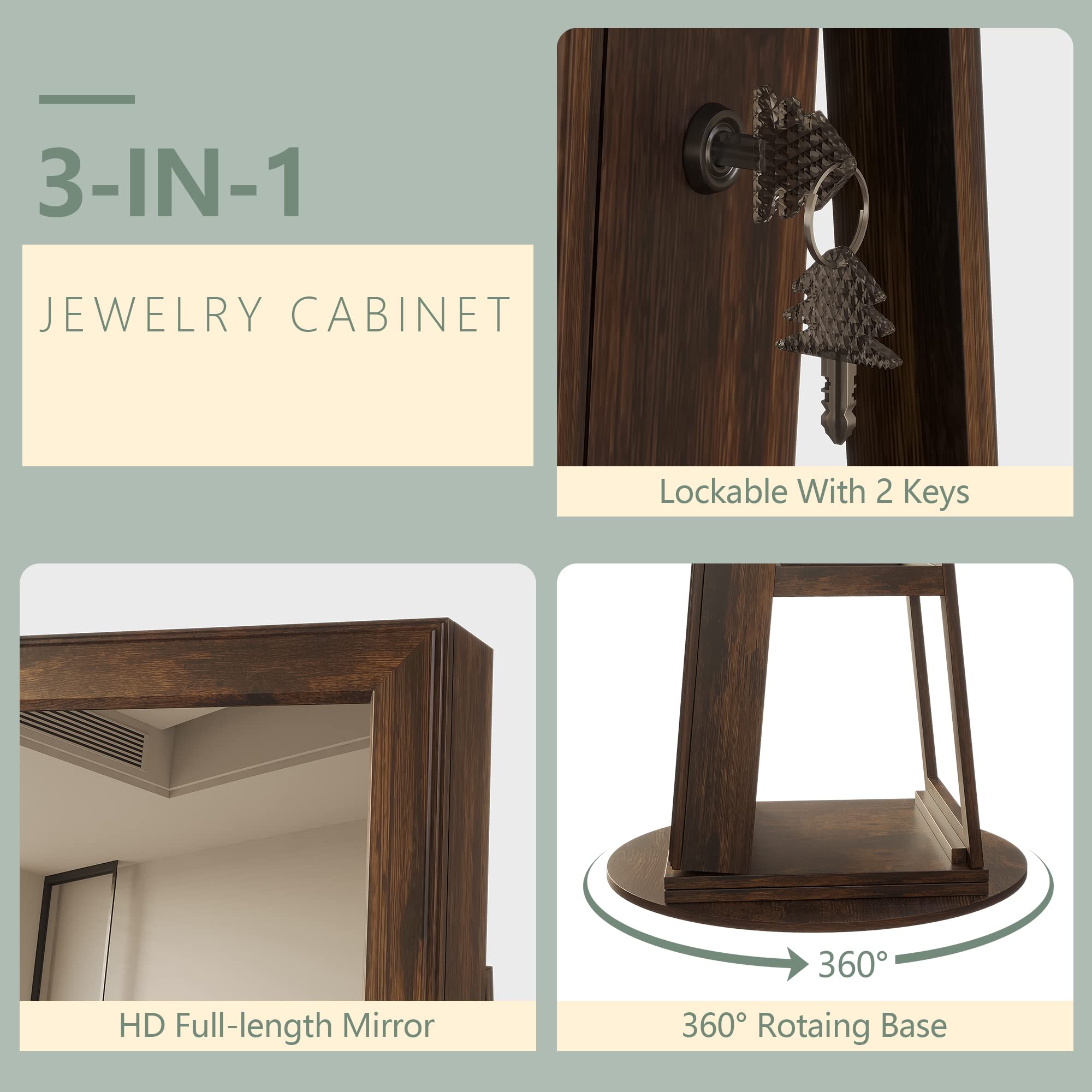 Full Length Mirror Jewelry Armoire with LED Lights - Lockable Standing Jewelry Cabinet with 360° Swivel Mirror & Storage Organizer for Women & Girls | Perfect for Bedroom, Dressing Room & Gift Giving