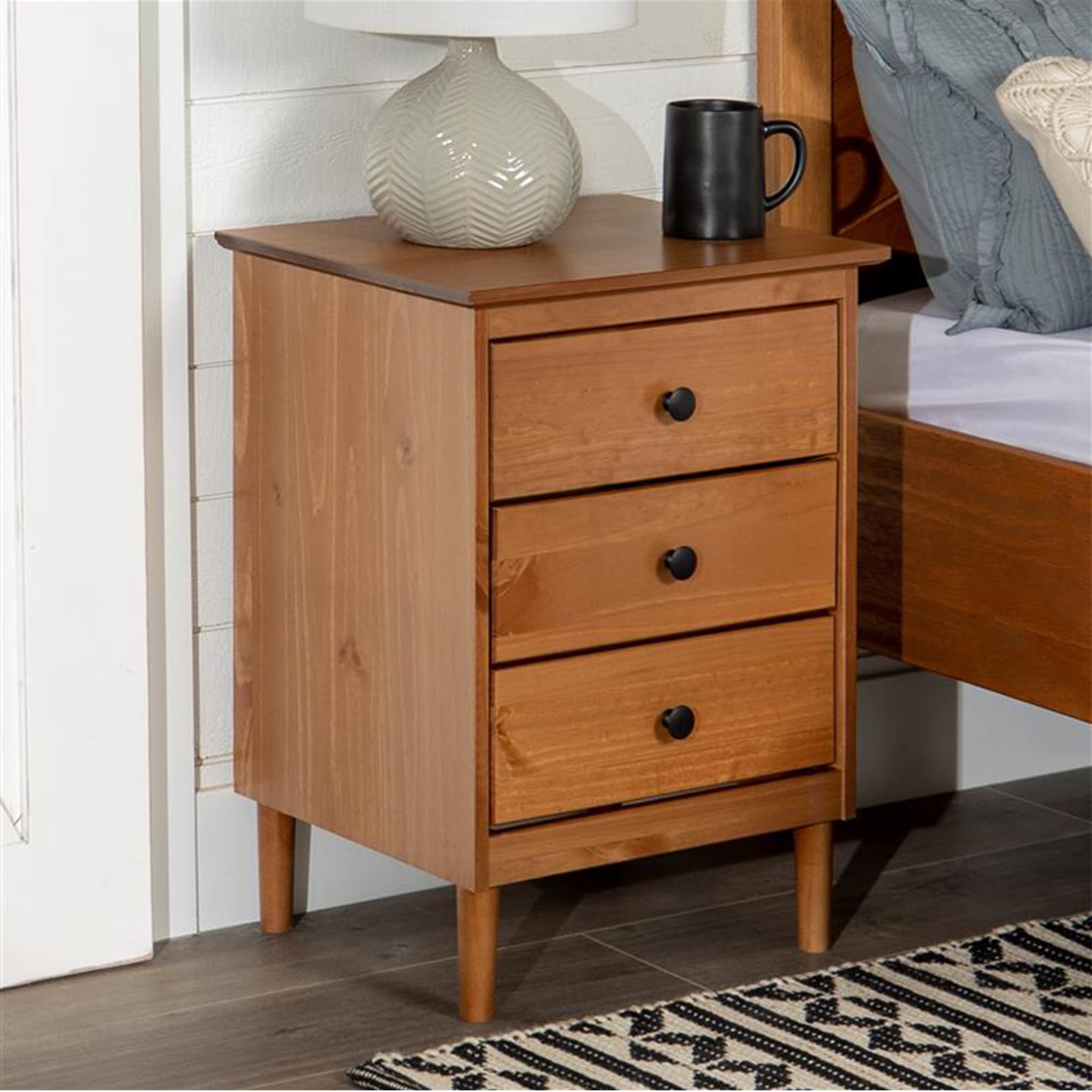 Walker Edison Traditional Wood 3-Drawer Nightstand - 18 Inch Caramel Finish Bedside Table with Storage Shelf | Perfect for Bedroom, Living Room & Guest Room Organization