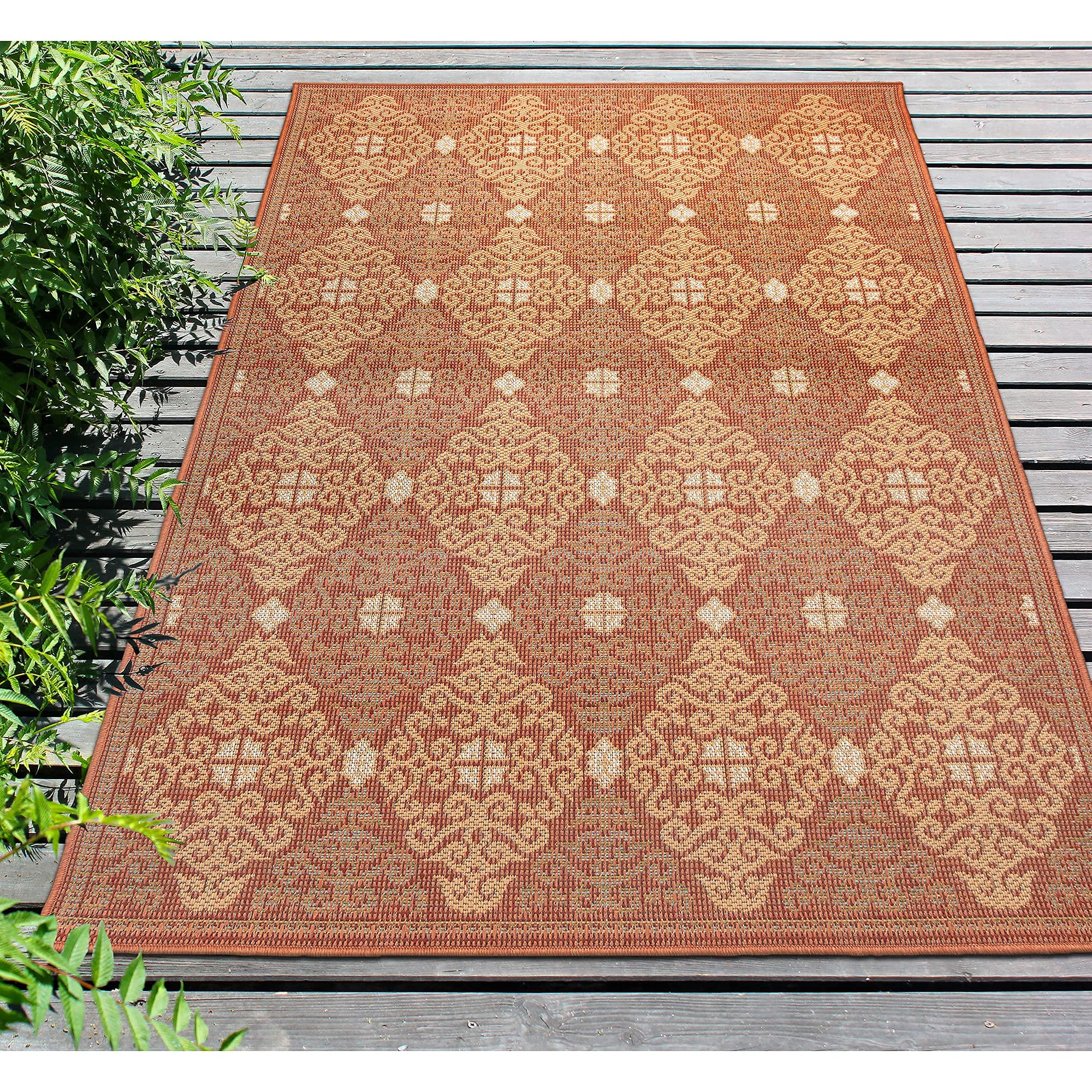 Liora Manne Patio Low Profile Easy Care Weather Resistant Indoor/Outdoor Rug - Geometric Suzani Diamonds Design in Red, 6'6
