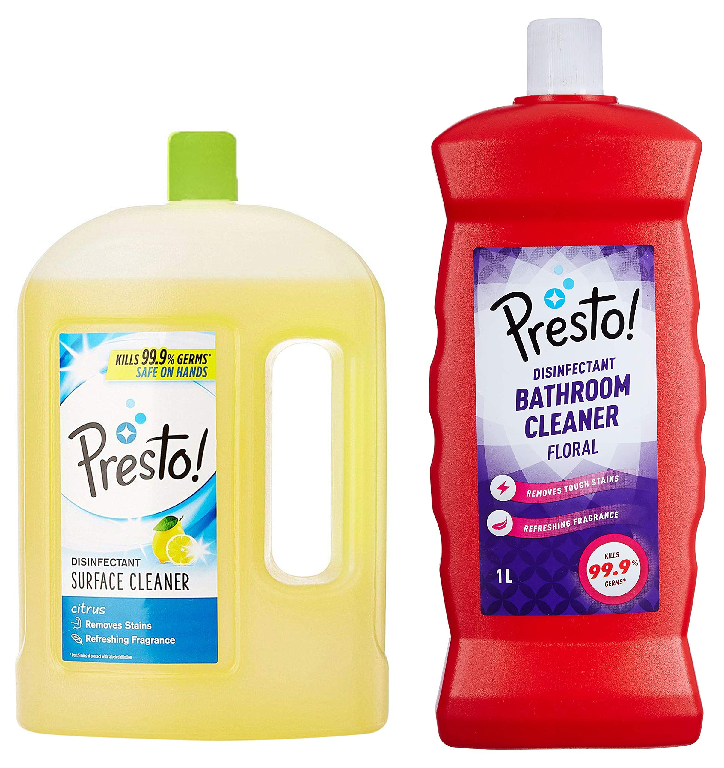 Presto! Disinfectant Surface & Floor Cleaner - Citrus Scent 2L + Bathroom Cleaner Floral 1L - Multi-Purpose Cleaning for Kitchen, Bathroom, Floors & High-Touch Surfaces