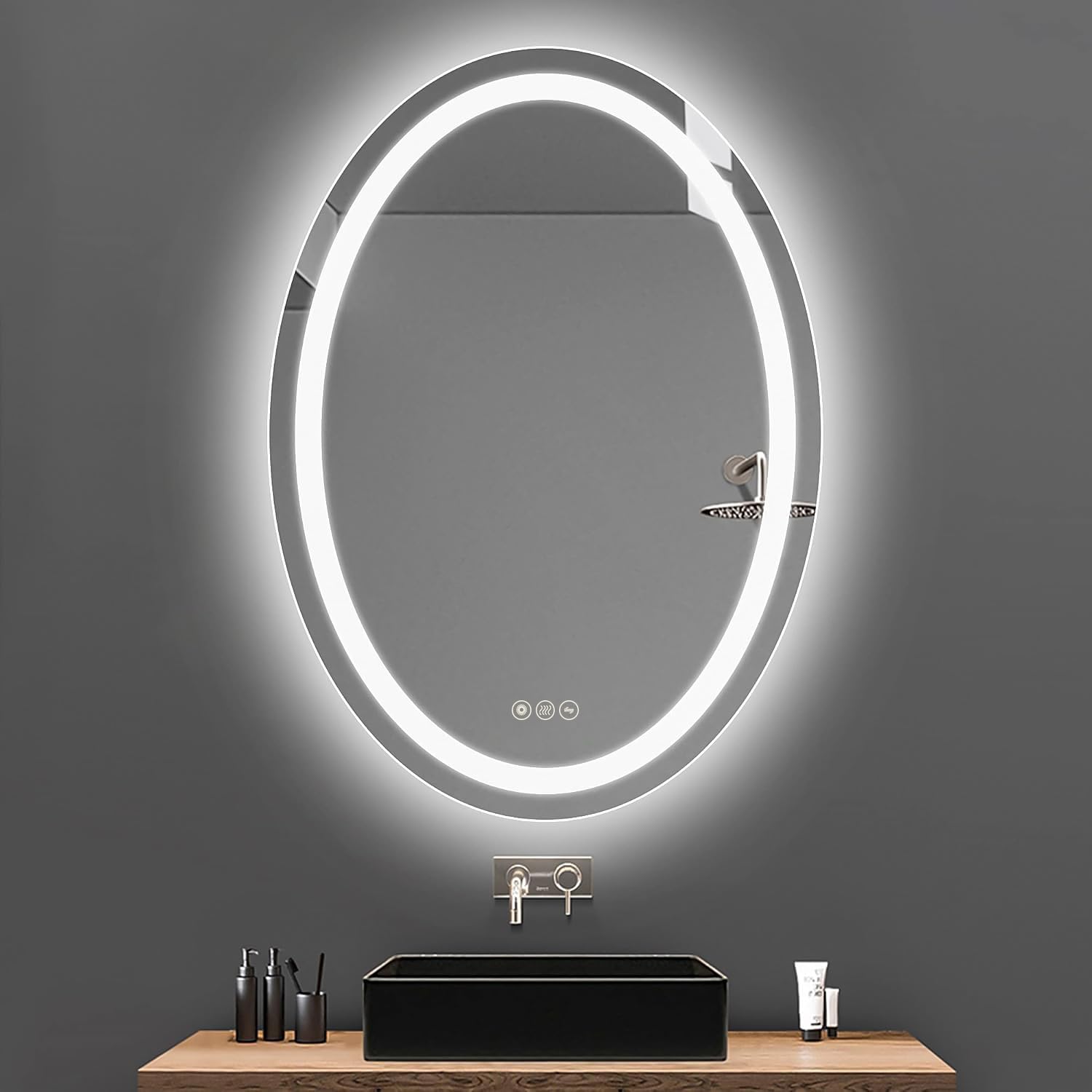 ICYWANG 50x70cm Oval LED Bathroom Mirror with Adjustable Color Lighting, Touch Switch, Demister & IP44 Waterproof - Perfect for Vanity, Makeup, and Modern Bathroom Decor