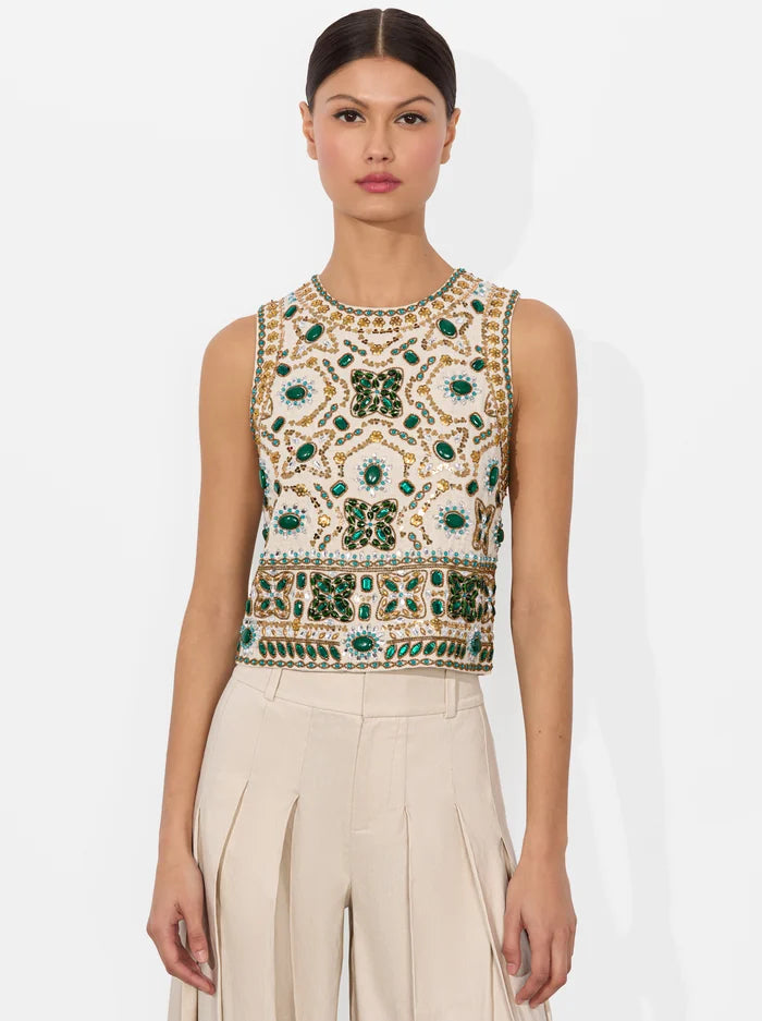 Amal Embellished Tank Top for Women - Off White | Elegant Lace & Bead Design | Perfect for Casual Wear, Parties & Special Occasions