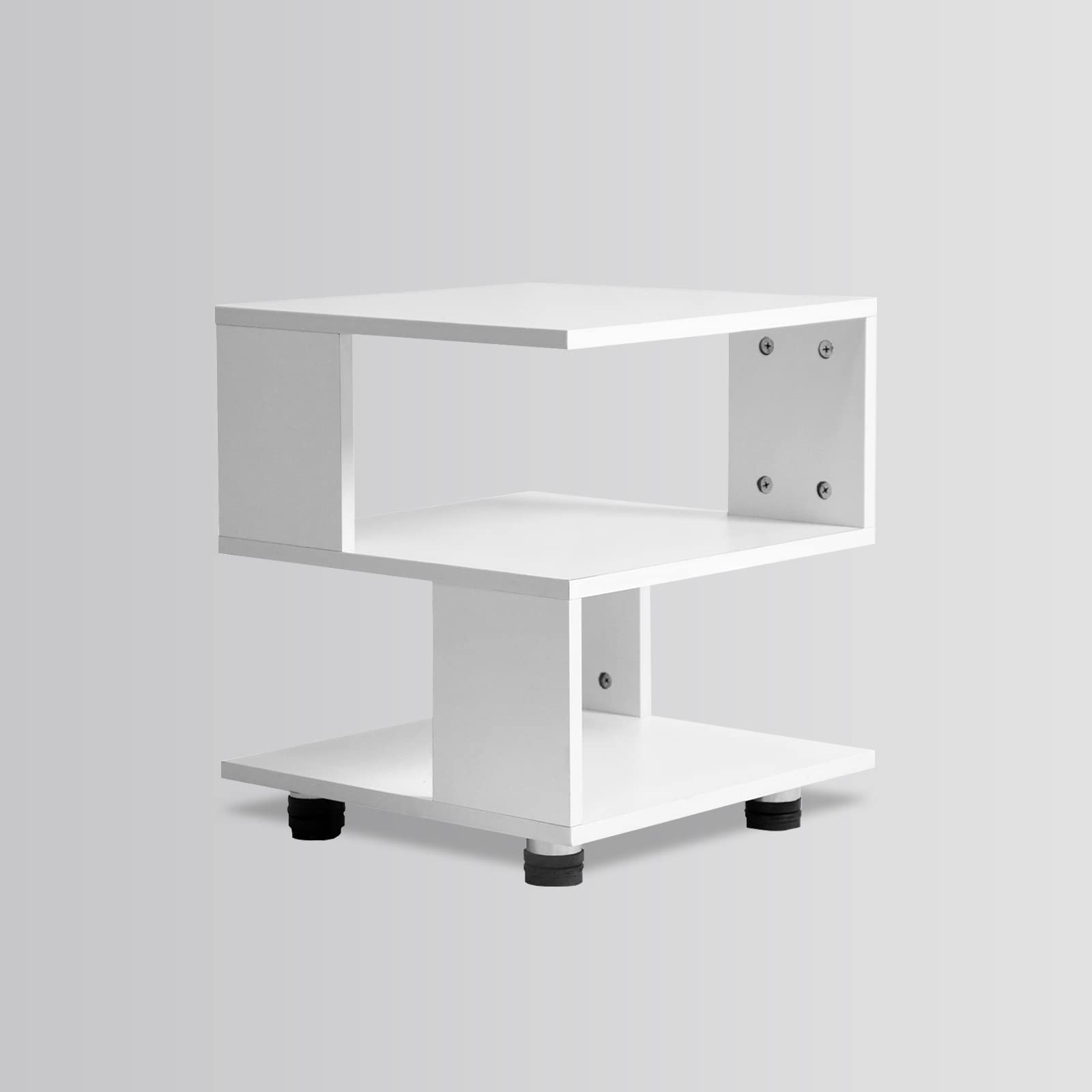 Modern White Nightstand with 2-Tier Rectangular Hollow Design - MASAKA B&W Magic Cube Bedside Table for Contemporary Bedrooms - Irregular Shape Fashionable Night Stand for Living Room, Bedroom, or Office