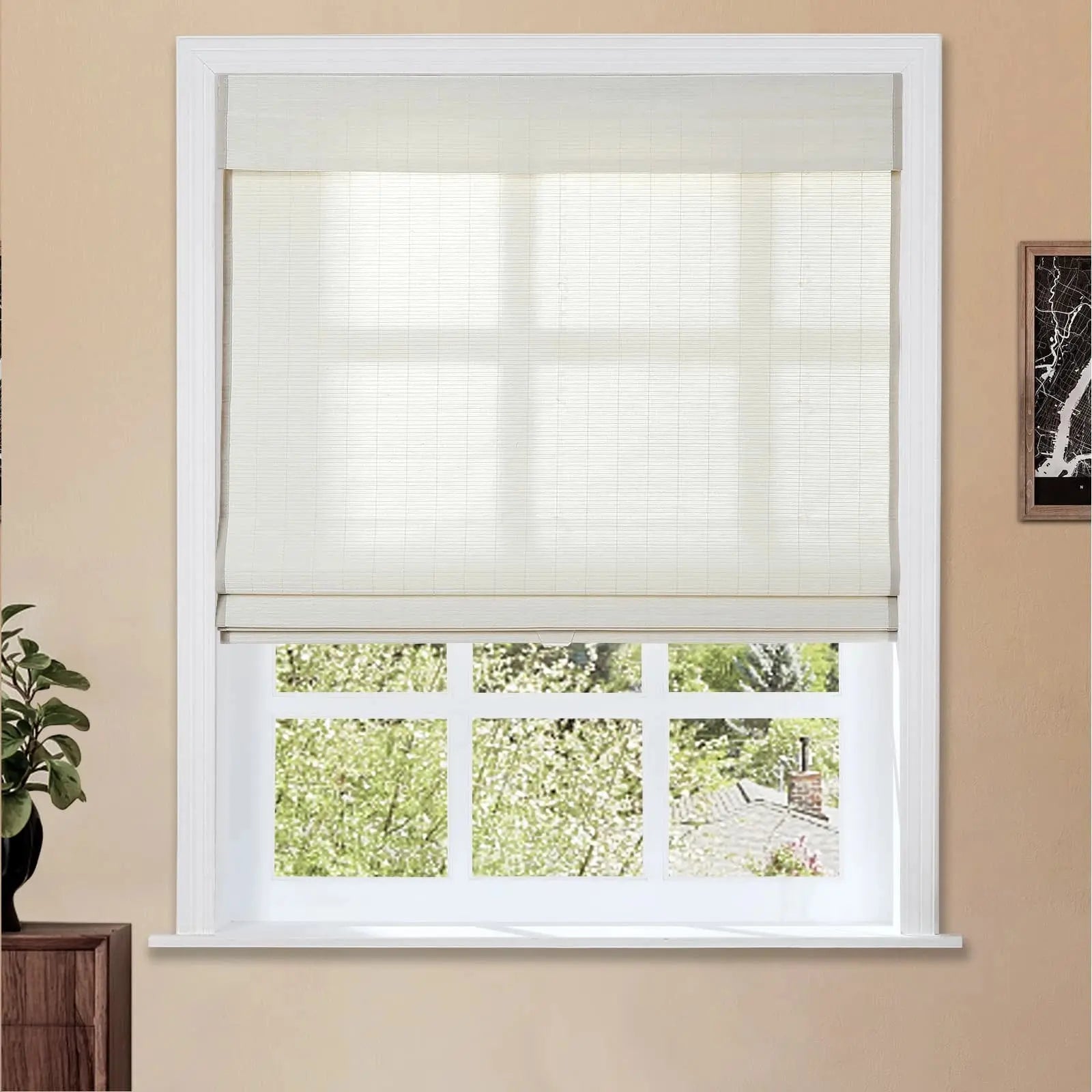 Natural Flax Bamboo Woven Window Shade - Eggshell White | Eco-Friendly Light Filtering Roman Shades for Living Room & Bedroom