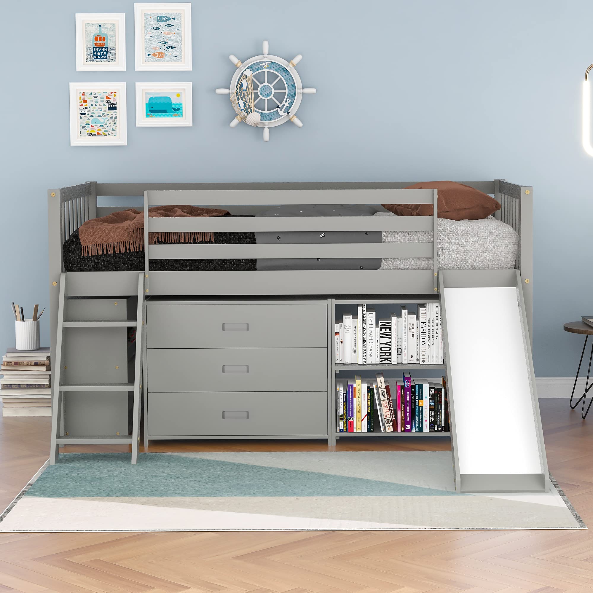 Twin Size Low Loft Bed with Convertible Slide & Ladder - Wooden Loft Bed with Built-in Bookcase & 3-Tier Drawers - Space Saving Kids Furniture for Small Rooms - Perfect for Bedroom, Dorm or Playroom (Gray)