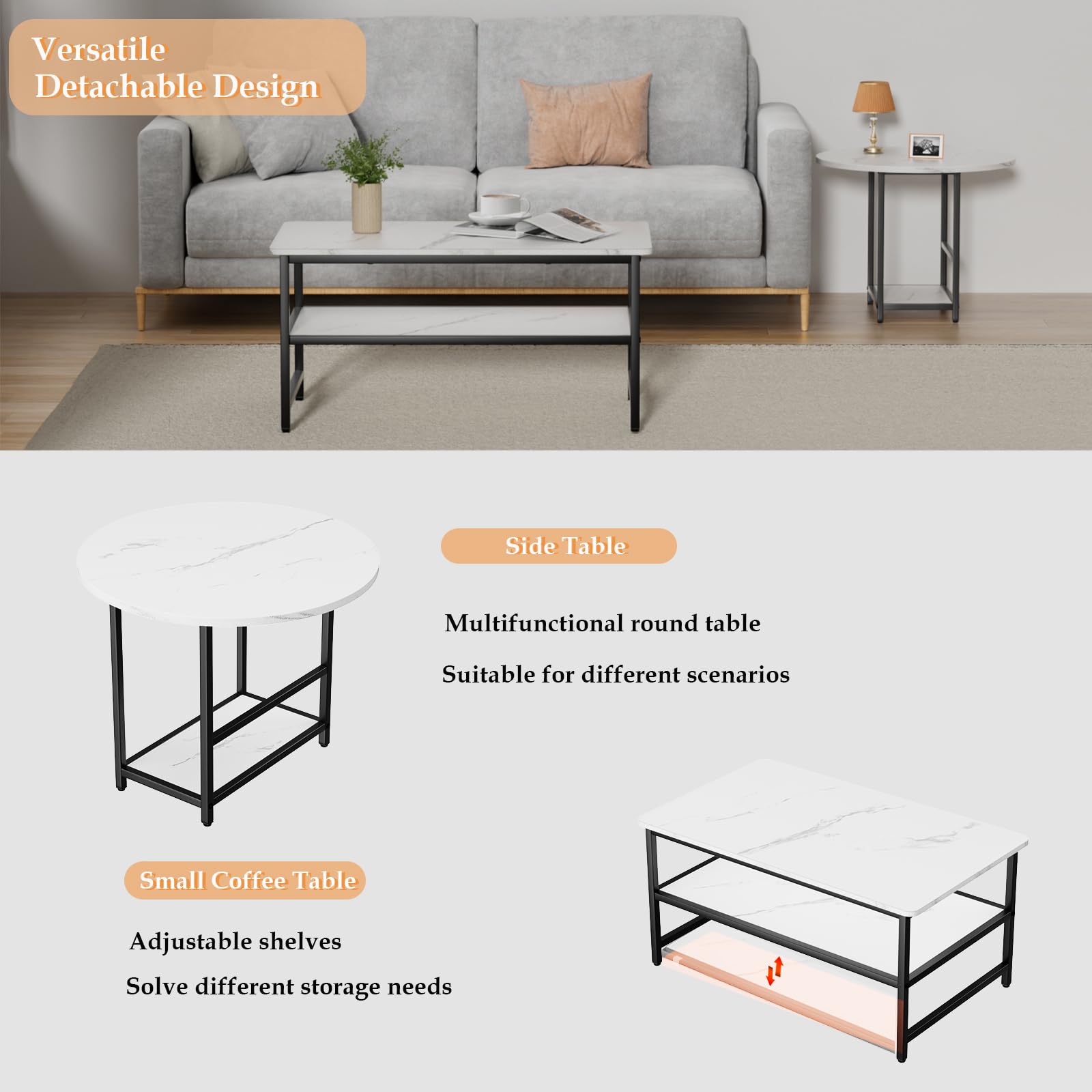 Modern White Coffee Table - Detachable Faux Marble Living Room Table for Small Spaces