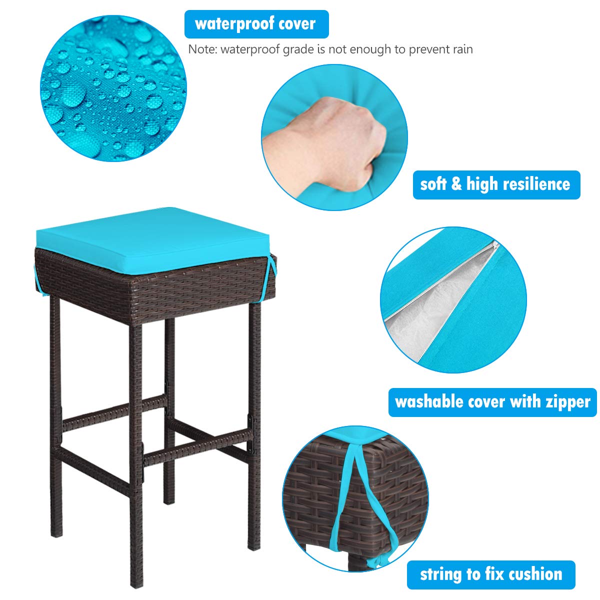 HappyGrill 3-Piece Outdoor Bar Set - Rattan Wicker Bar Stools & Table with Cushions, Glass Table Top & Storage Shelves - Perfect for Poolside, Garden, Patio Dining & Entertaining