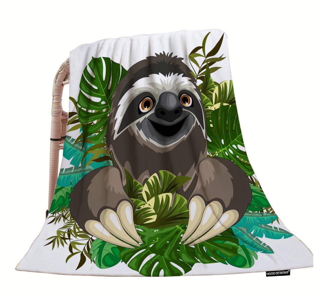 HGOD DESIGNS Sloth Throw Blanket - Soft & Warm 50x60 Inch Flannel Blanket with Cute Sloth Cartoon in Tropical Jungle Design - Perfect for Bed, Couch, Sofa, Chair - Cozy Home Decor & Gift Idea for Animal Lovers