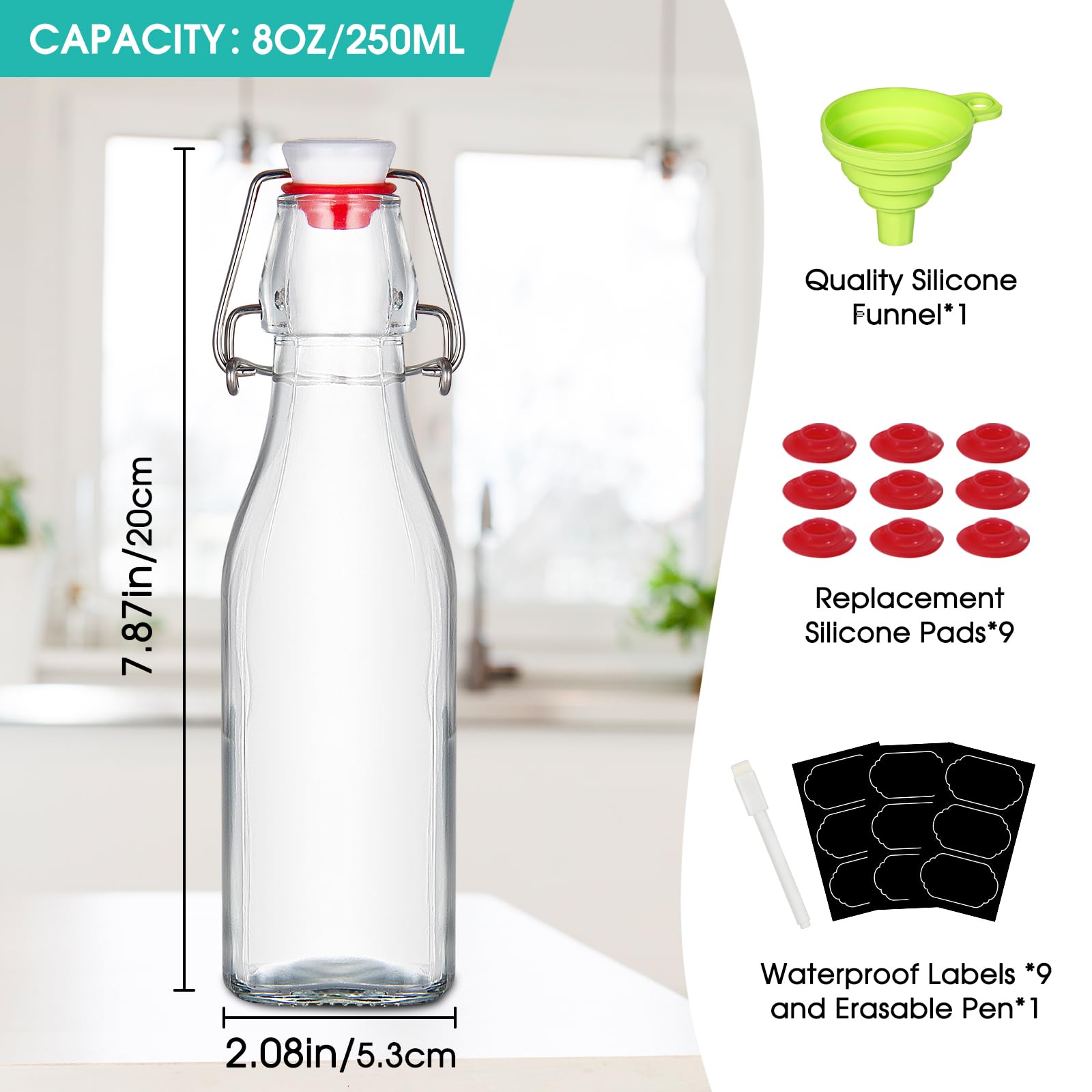 9 Pack 8oz Swing Top Glass Bottles - Airtight Flip Top Beer Brewing Bottles for Kombucha, Kefir, Homemade Beverages, Soda, Oil, Vinegar & Fermentation - Perfect for Home Brewing, Storage & Gifts