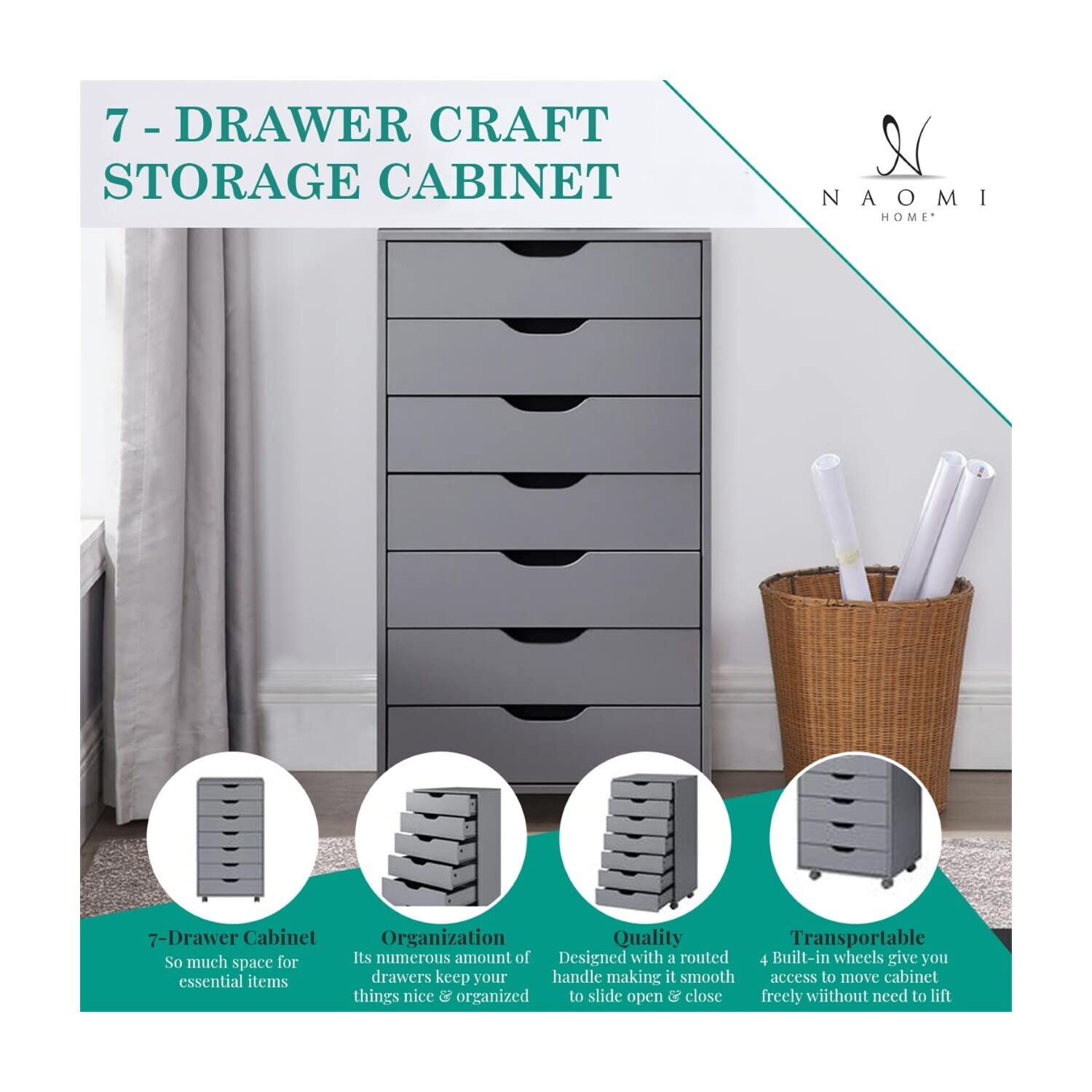 Naomi Home 7-Drawer Sewing & Craft Storage Cabinet - White Organizer for Arts, Crafts, Sewing Supplies & More - Multipurpose Cabinet with Ample Space - Perfect for Craft Rooms, Sewing Studios & Home Organization