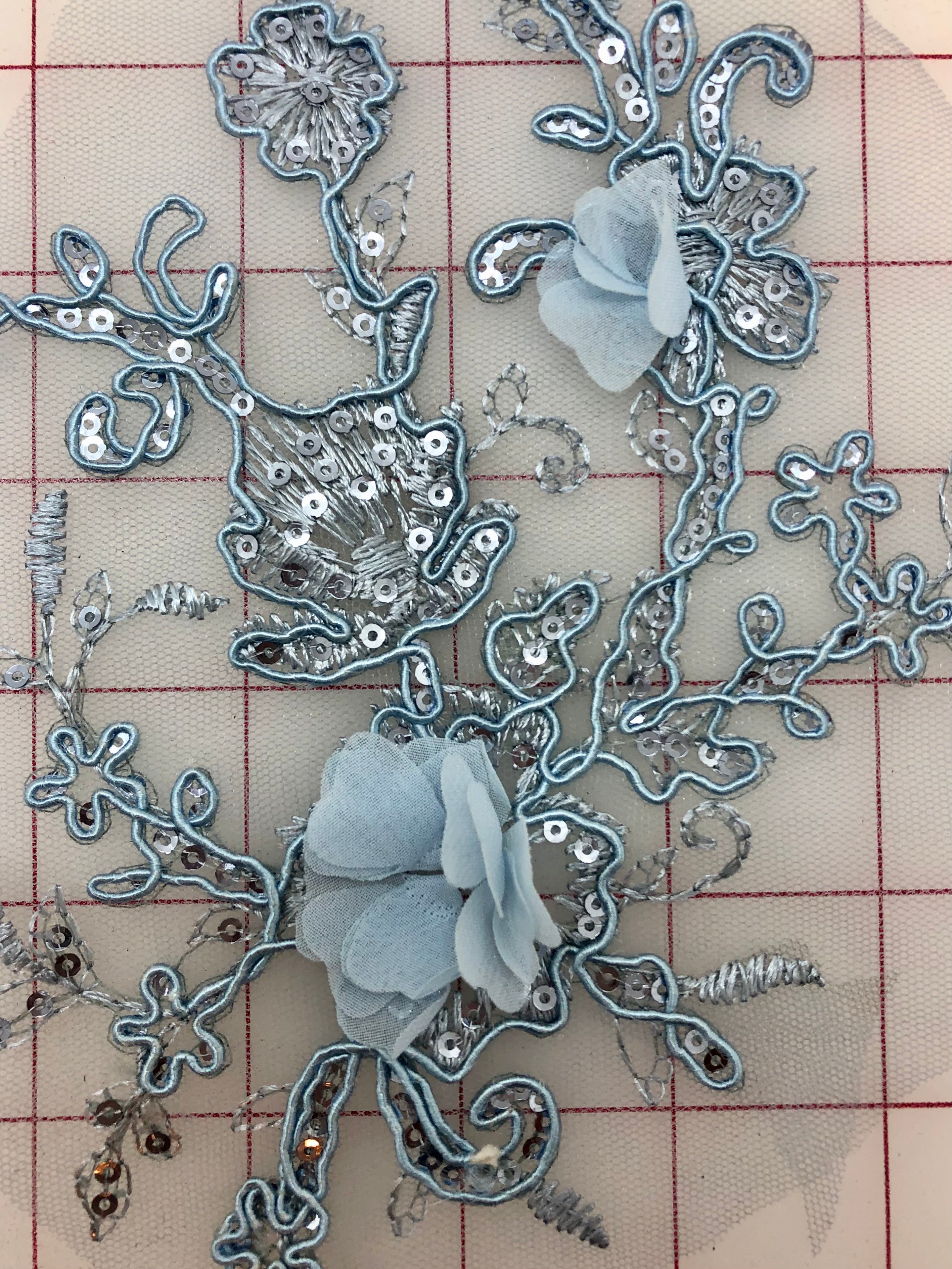 3D Sequined Lace Flower Applique Motif Pairs - Light Blue for DIY Dress, Wedding Decor, Costume Embellishment & Craft Projects