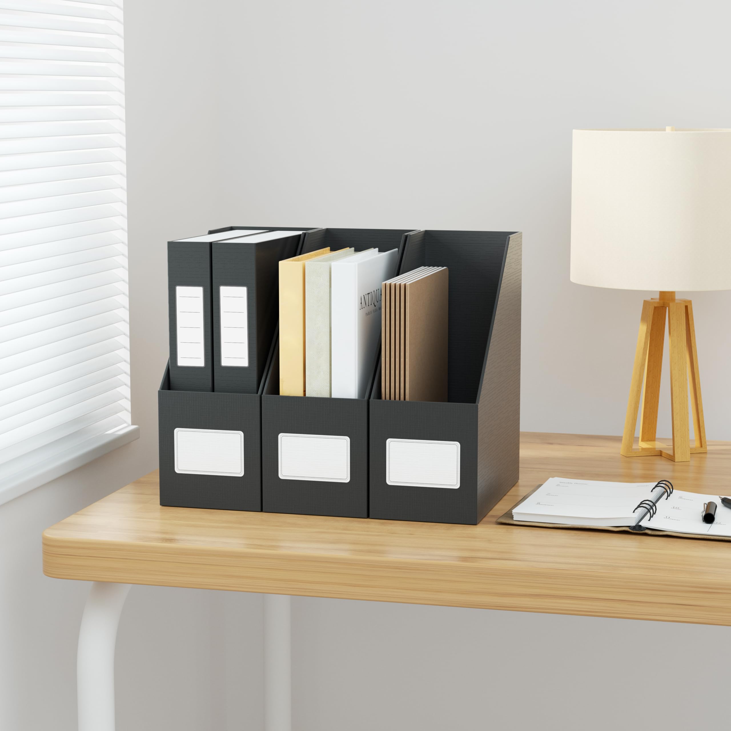 JiaWei Black Magazine File Holders - 3 Pack Sturdy Cardboard File Organizer for Office & Classroom | Desktop Storage Box, Folder Rack for Shelves & Desk | Perfect for Document Organization, School Supplies & Workspace Decluttering
