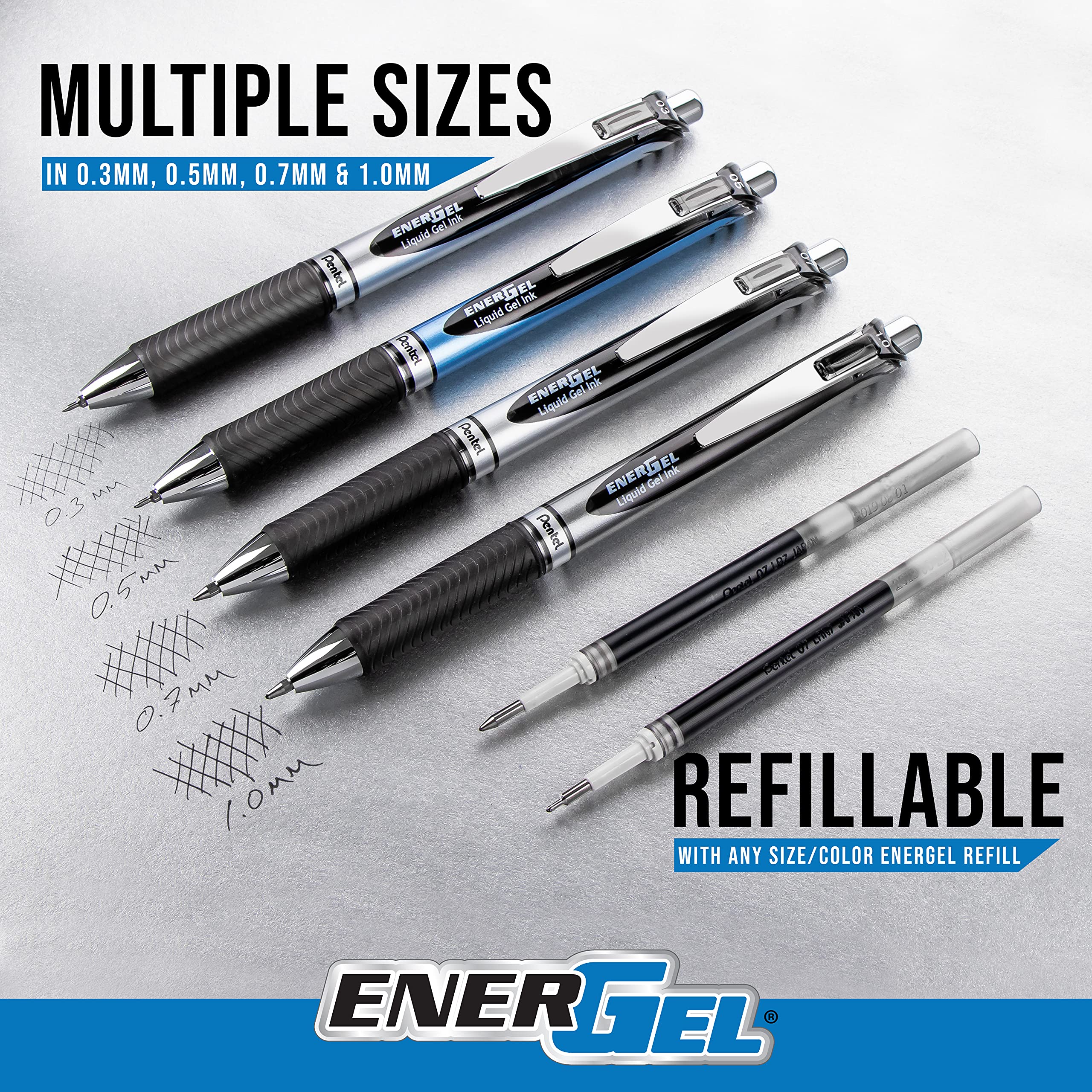 Pentel EnerGel Deluxe RTX Retractable Gel Pen 0.7mm Medium Point - 3 Pack Metal Tip Liquid Ink Pens (Black Ink, Silver Barrel, Pink BCA Ribbon) for Office, School, Note Taking & Gift Giving