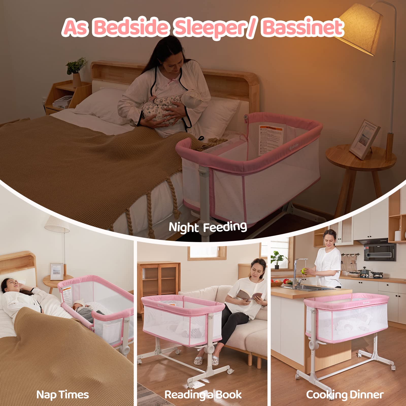 Ezebaby Portable Baby Bassinet Bedside Sleeper - Adjustable 7 Height Levels, Breathable Mesh Sides with Included Mattress & Sheet - Perfect for Newborns & Infants - Ideal for Nursery, Bedroom Co-Sleeping & Travel