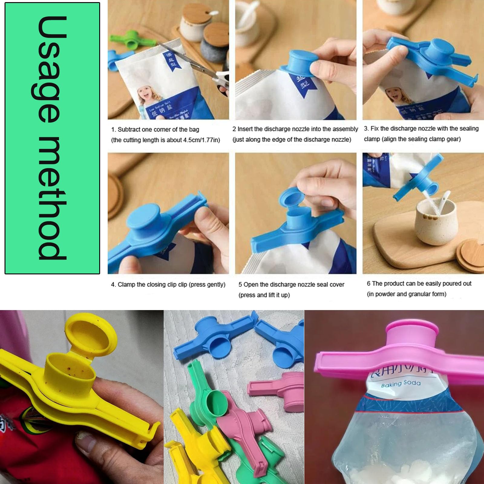 4-Pack White Rice Bag Clip with Pour Spout - Multi-Purpose Flour Bag Sealer Clamps for Corn Flour, Rice Flour, Whole Grains, Pinto Beans, Basmati Rice & Cane Sugar - Perfect for Kitchen Pantry Organization & Bulk Food Storage