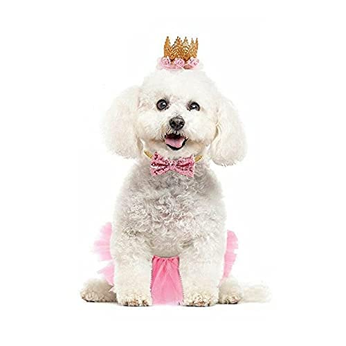 Dog Birthday Crown Hat with Bowknot Collar & Tutu Skirt - Pet Party Costume Outfit for Weddings, Engagements & Holidays | Cute Girl Dog Accessories for Special Occasions & Photo Shoots
