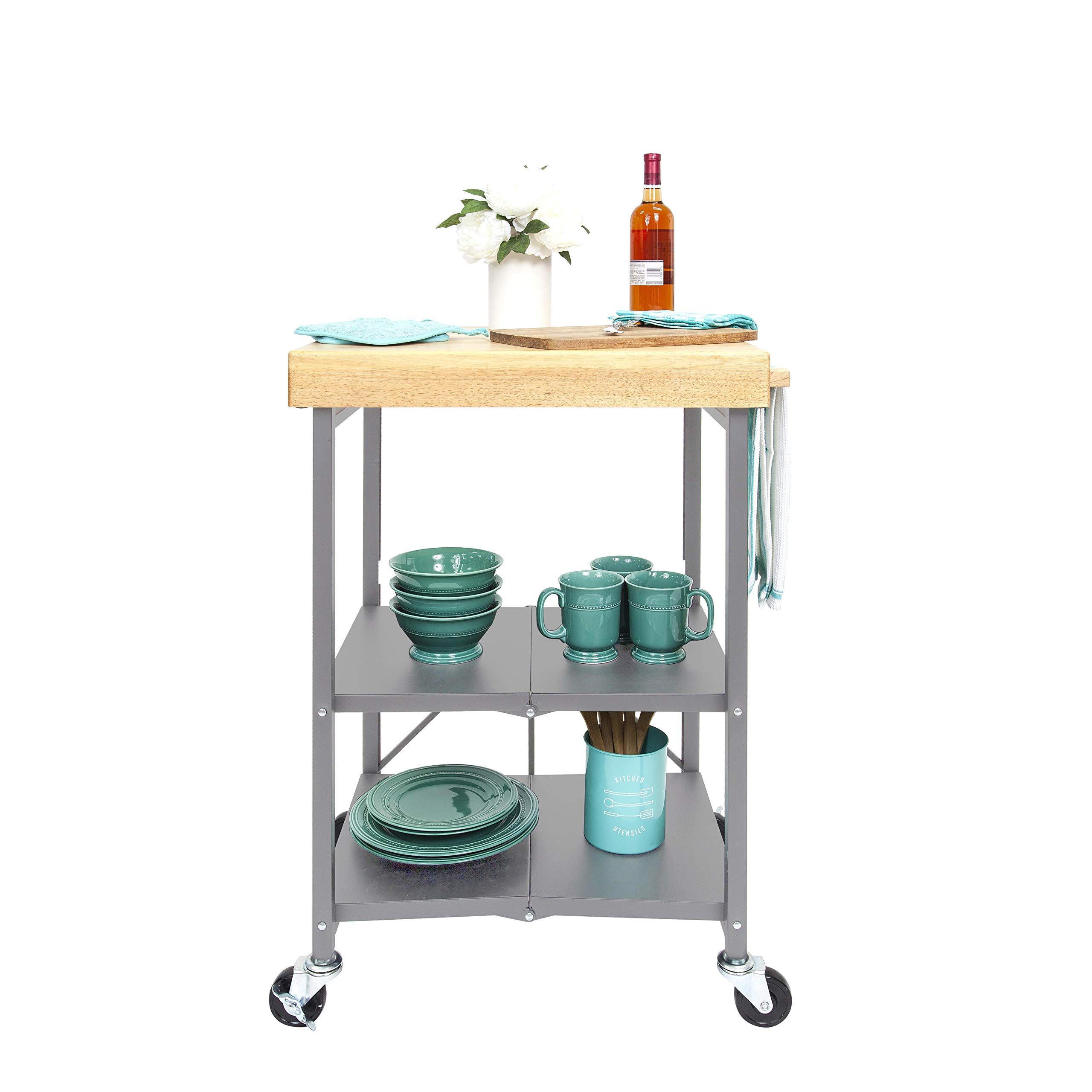 Foldable Kitchen Cart with Wheels - Silver & Wood for Chefs & Outdoor Use