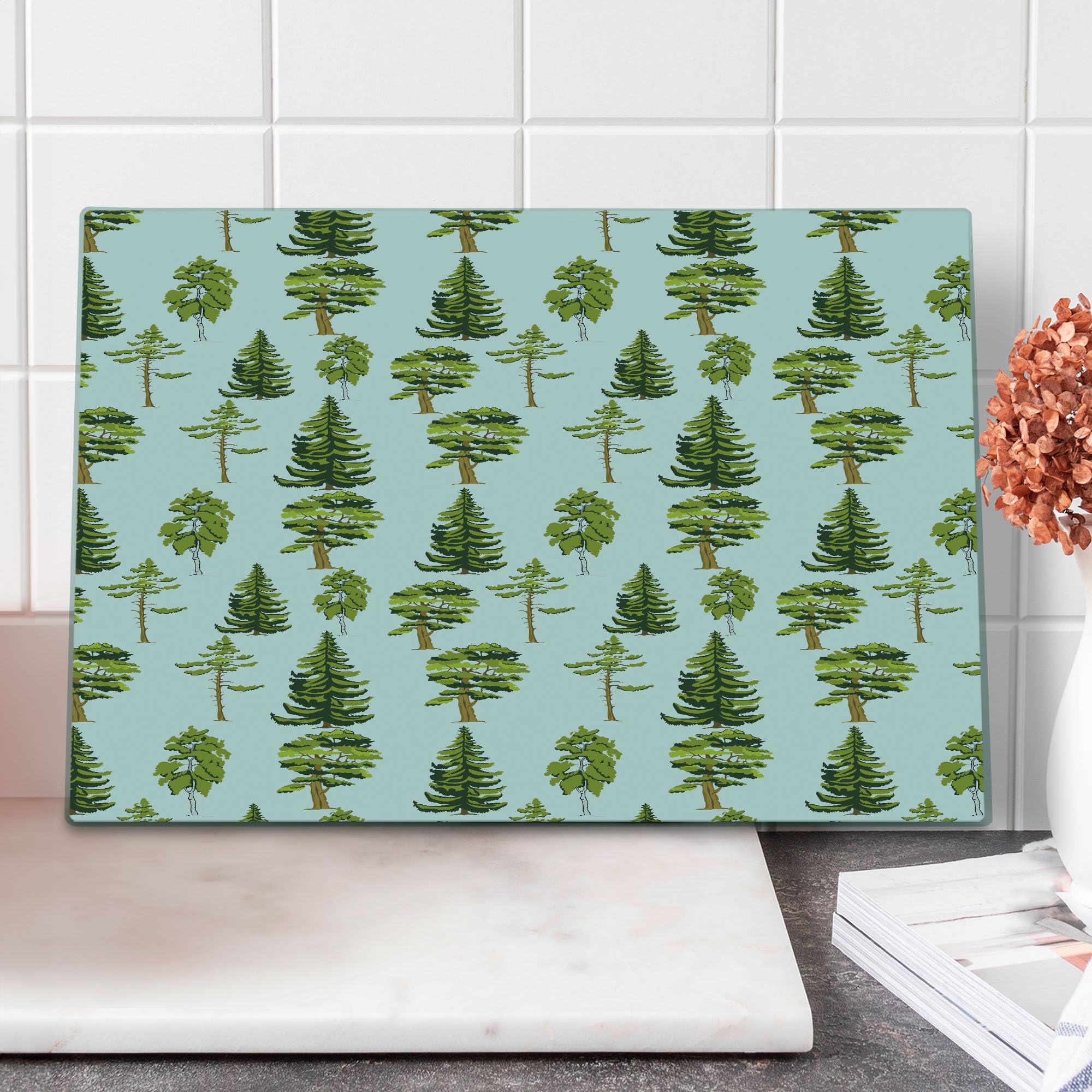 Ambesonne Decorative Tempered Glass Cutting Board with Pine Oak Fir Tree Motifs - Large Pastel Blue & Green Serving Board for Kitchen, Charcuterie & Entertaining