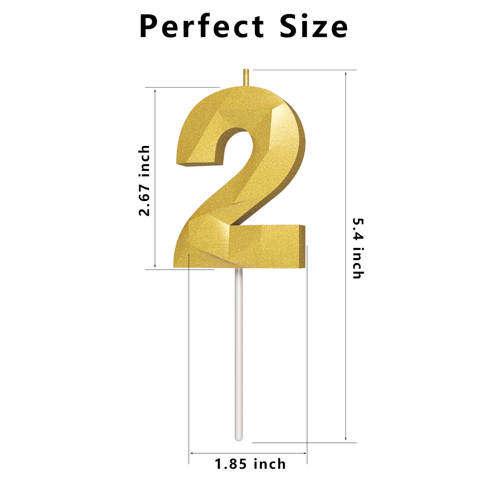 3D Diamond Shape Gold Number Birthday Candles (2-Pack) - Elegant Cake Toppers for Birthday Parties, Weddings, Reunions & Theme Celebrations - Perfect for Cake Decorating and Special Occasions