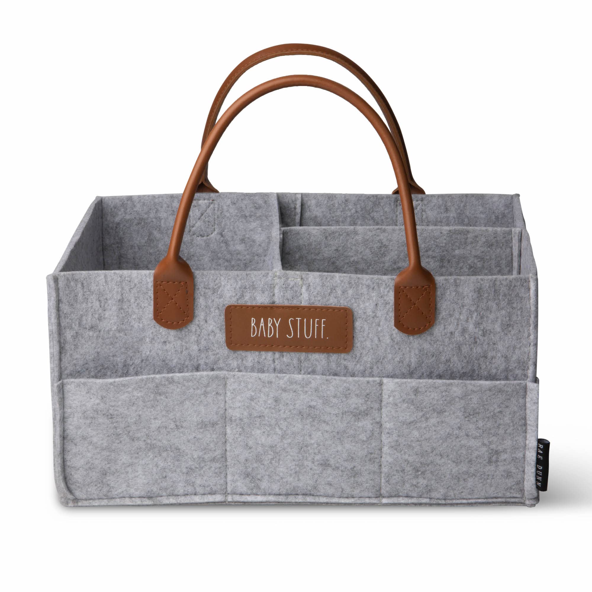 Rae Dunn Baby Diaper Caddy Organizer - Portable Nursery Storage Basket with Leather Handles for Changing Table, Car & Baby Essentials - Perfect Baby Shower Gift & Nursery Organization - Grey Felt Material for Home & Travel Use