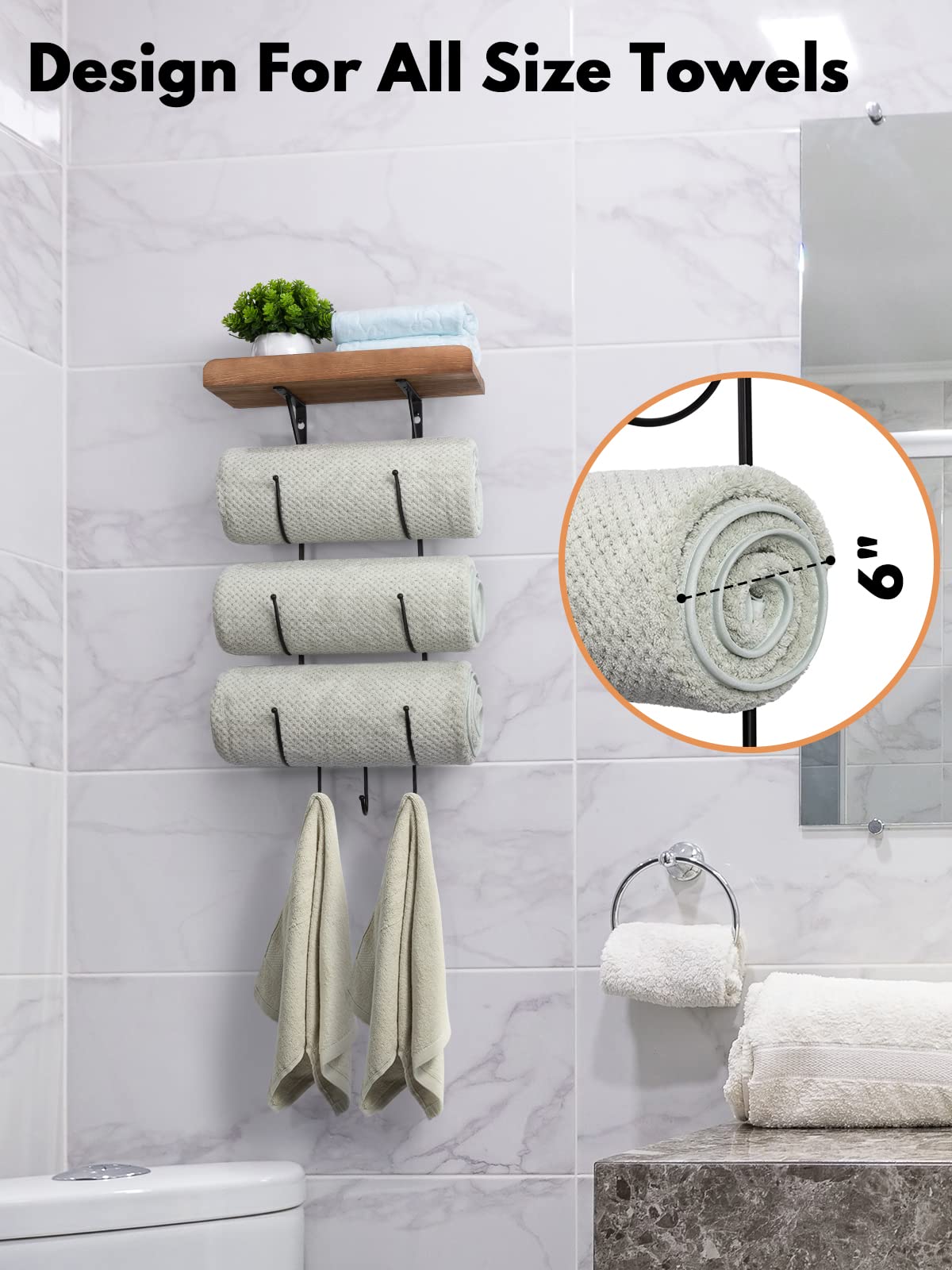 Wall Mounted Bathroom Towel Rack with Wood Shelf & 3 Hooks - IRIIJANE Metal Towel Holder for Hand & Bath Towels - Space Saving Organizer for Small Bathrooms, RV Campers & Home Decor (Black) - Perfect for Compact Spaces & Stylish Storage Solutions