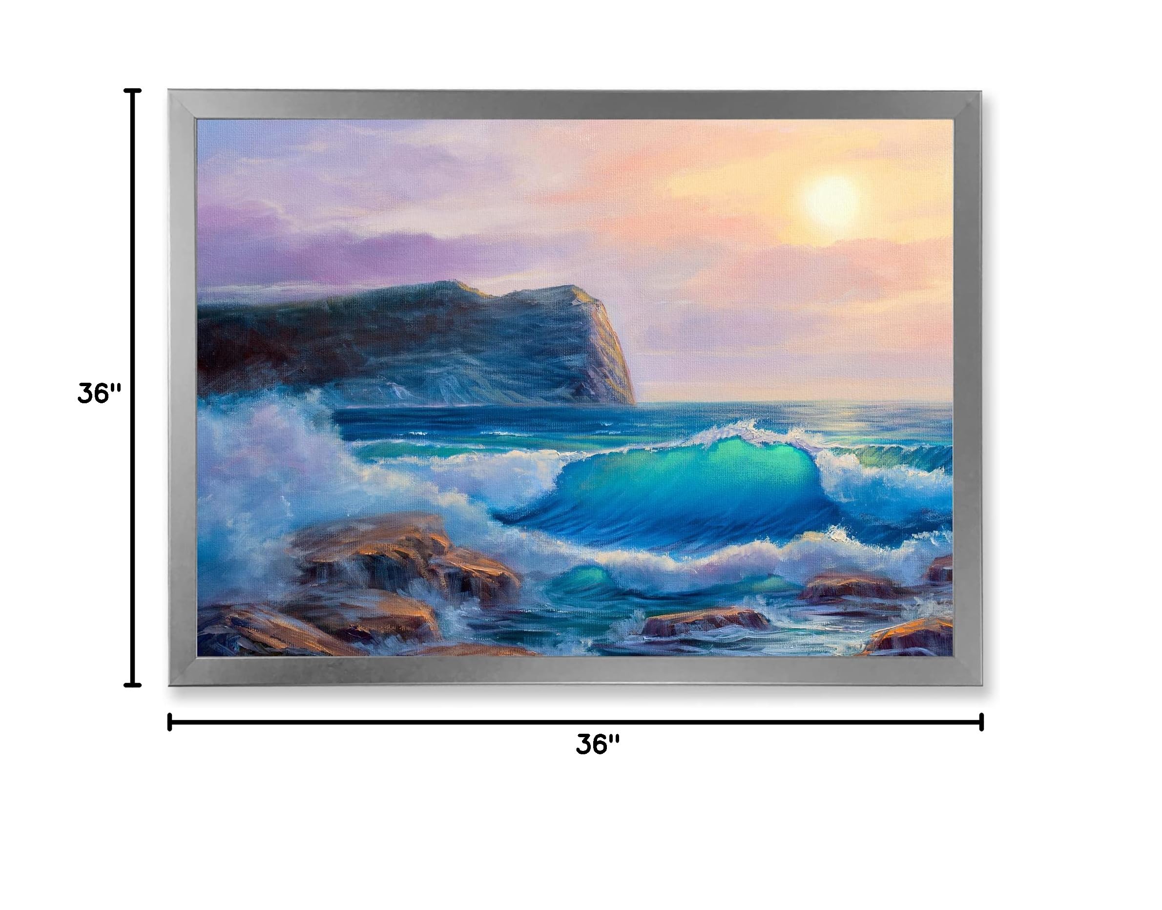 DesignQ Blue Waves Breaking At The Beach III - Coastal Framed Wall Art Decor for Living Room, Bedroom & Office - Nautical Beach Scene Painting for Home & Office Decoration
