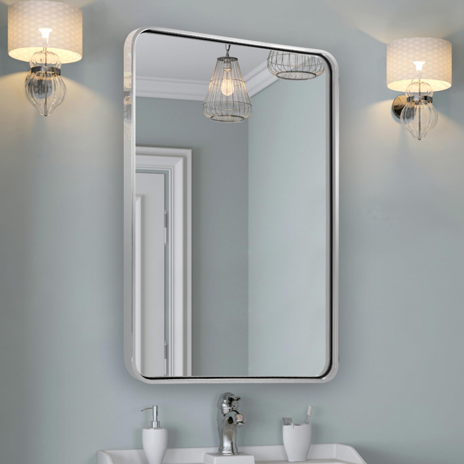 ANDY STAR 24x32 Inch Chrome Bathroom Mirror with Polished Nickel Finish - Rounded Rectangle Anti-Rust SUS304 Metal Frame Wall Mirror (1’’ Deep, Vertical/Horizontal Mount) - Perfect for Modern Bathrooms, Vanities, and Home Decor