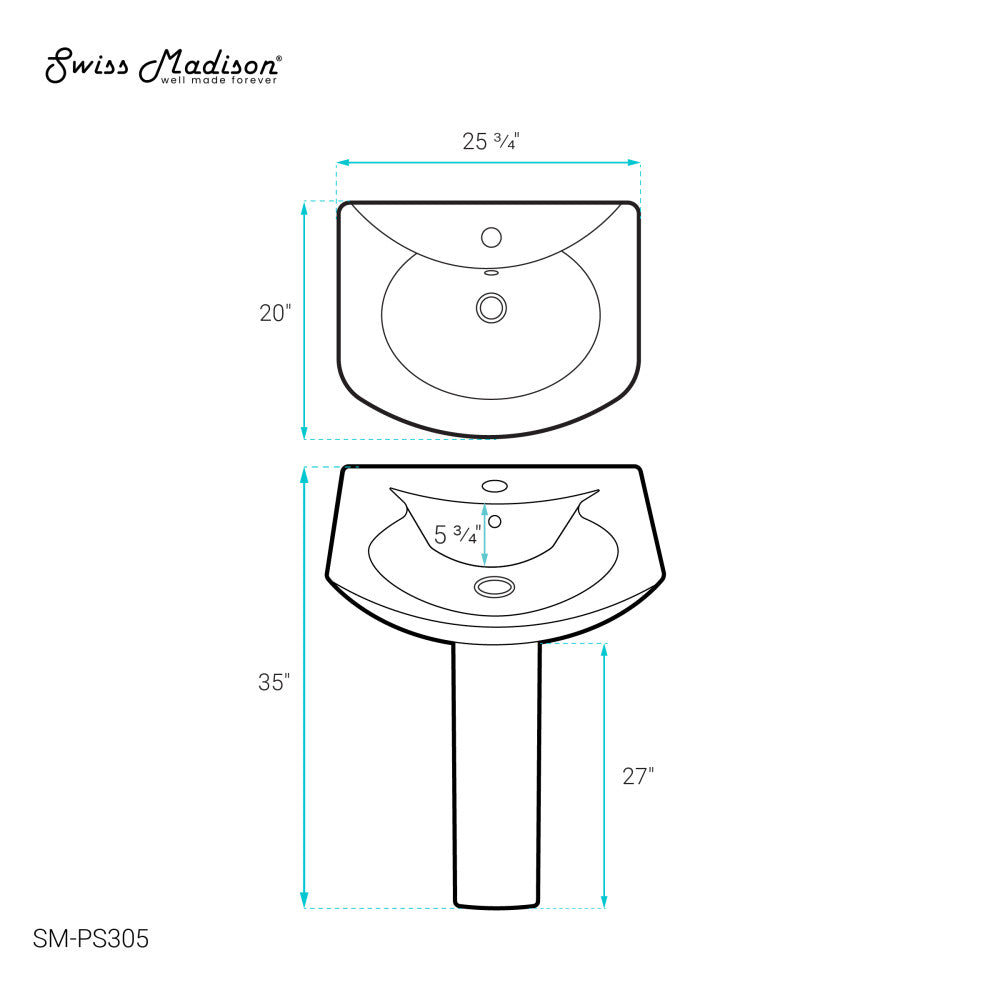 Chateau Pedestal Bathroom Sink - Round Porcelain Vanity Sink with Single Faucet Hole for Modern Bathrooms | Perfect for Powder Rooms, Guest Baths & Small Space Remodels
