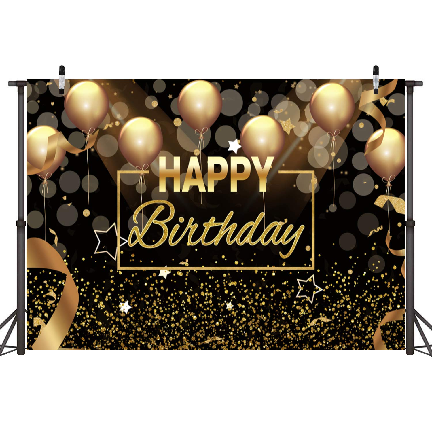 Happy Birthday Party Backdrop Banner - 8x6ft Black & Gold Glitter Balloon Photography Background for Adult Birthday Decorations, Cake Table & Photo Booth | Perfect for Bday Parties, Celebrations & Social Media Photos
