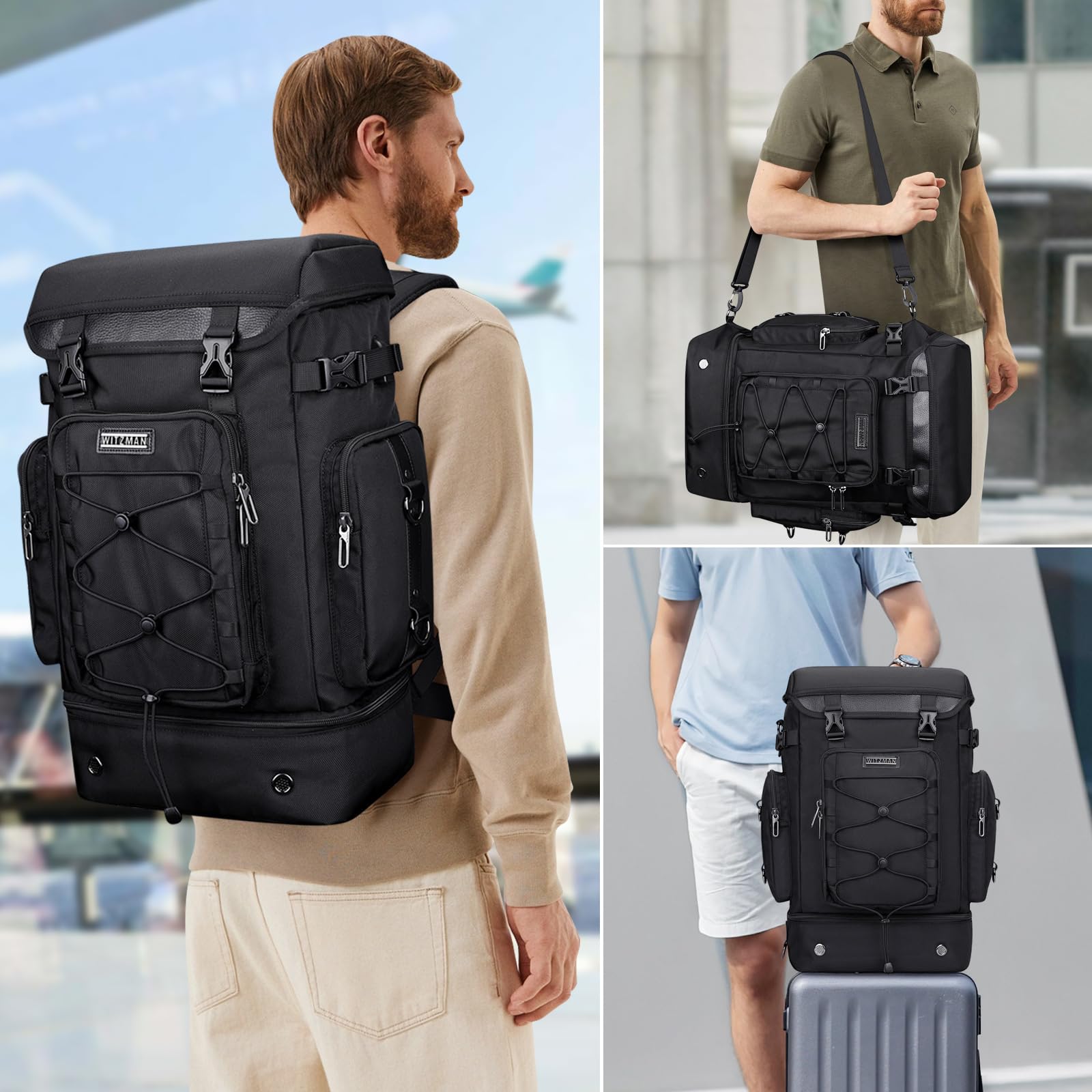 WITZMAN Classic Black Travel Backpack for Men & Women - Airline Approved Carry On Backpack with Shoe Compartment | Convertible Duffle Luggage for Business Trips, Weekend Getaways & Gym Use (Model B691)